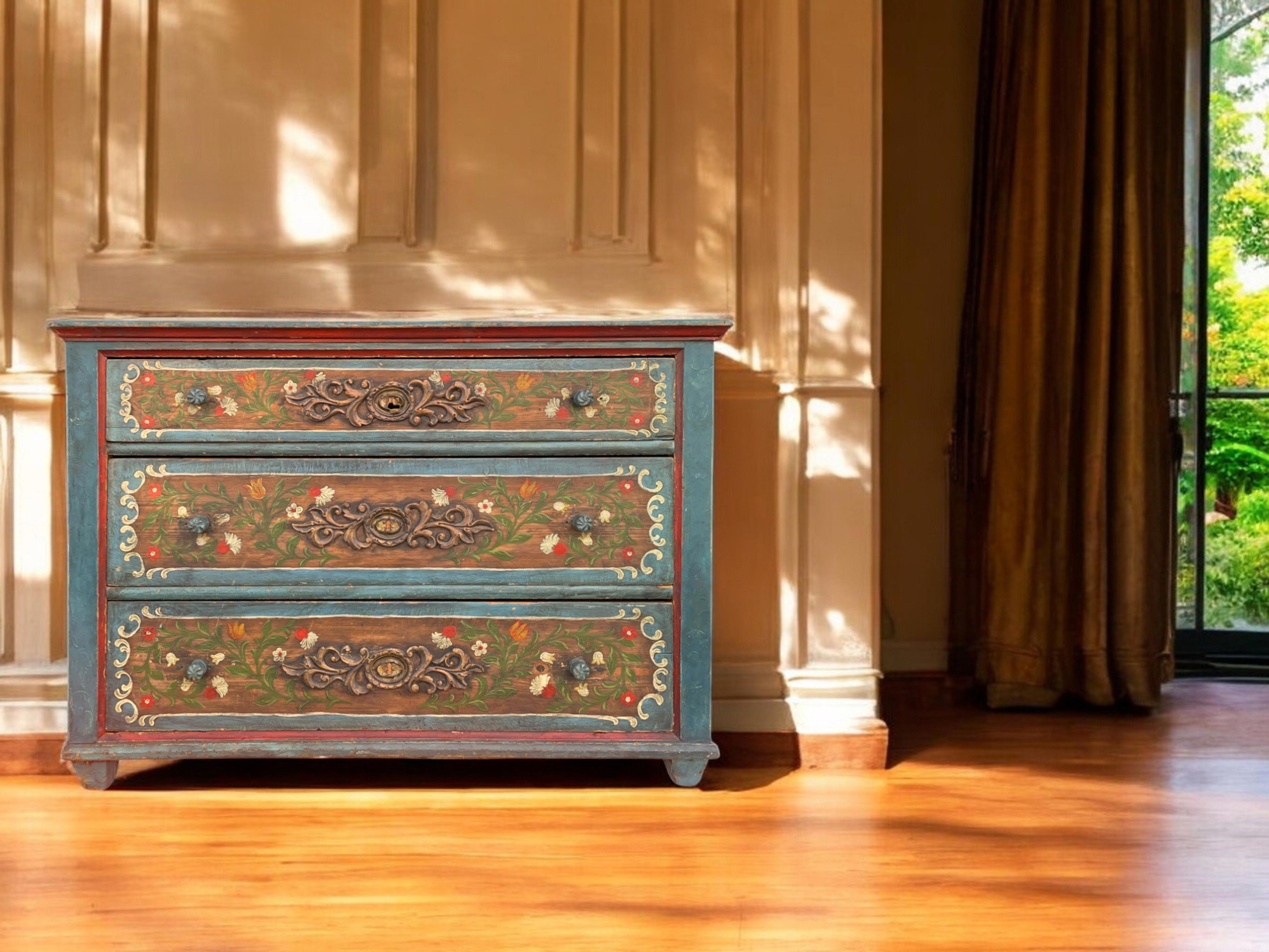 XIX Century Blue Floral Painted Chest of Drawers, Central Europe 8