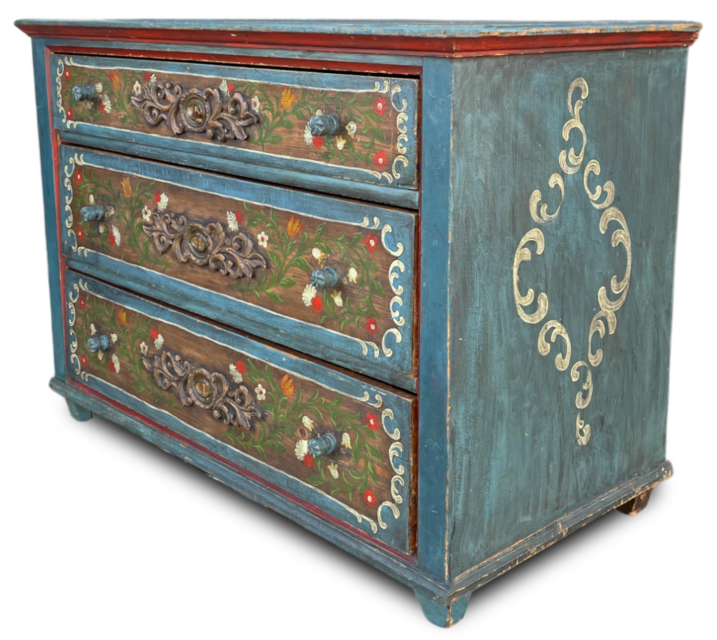 Louis Philippe XIX Century Blue Floral Painted Chest of Drawers, Central Europe
