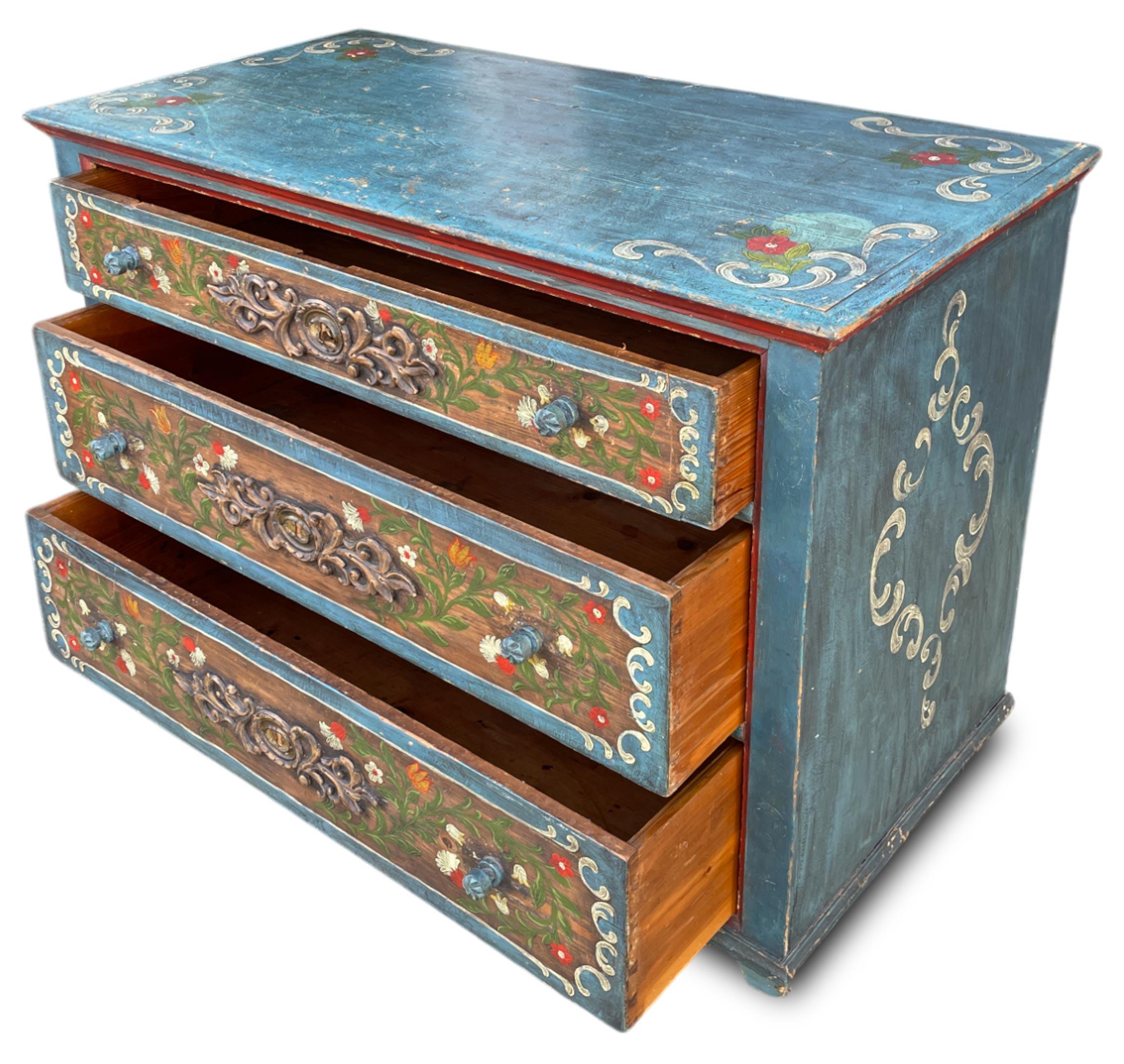 Hand-Painted XIX Century Blue Floral Painted Chest of Drawers, Central Europe