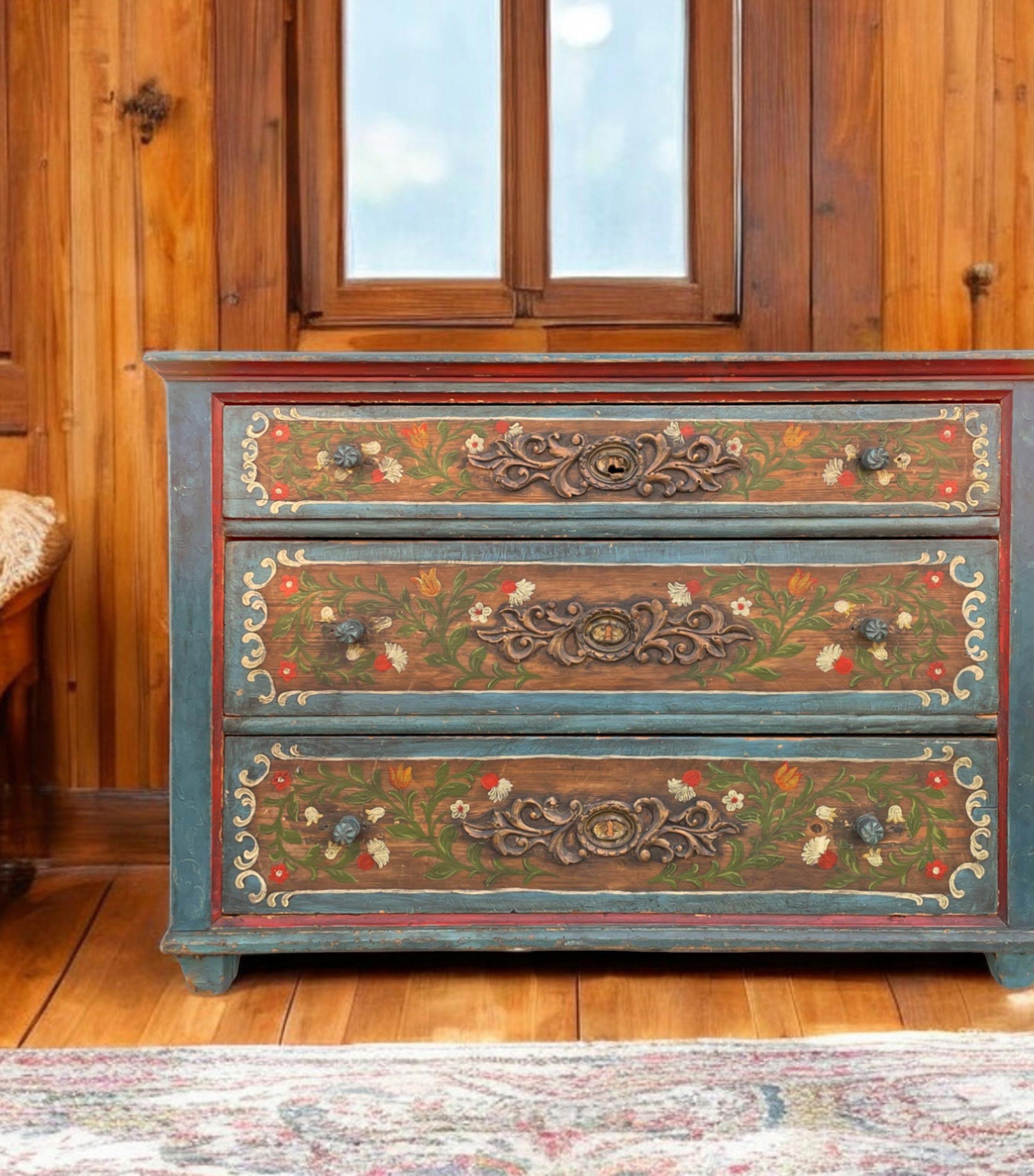 Mid-19th Century XIX Century Blue Floral Painted Chest of Drawers, Central Europe