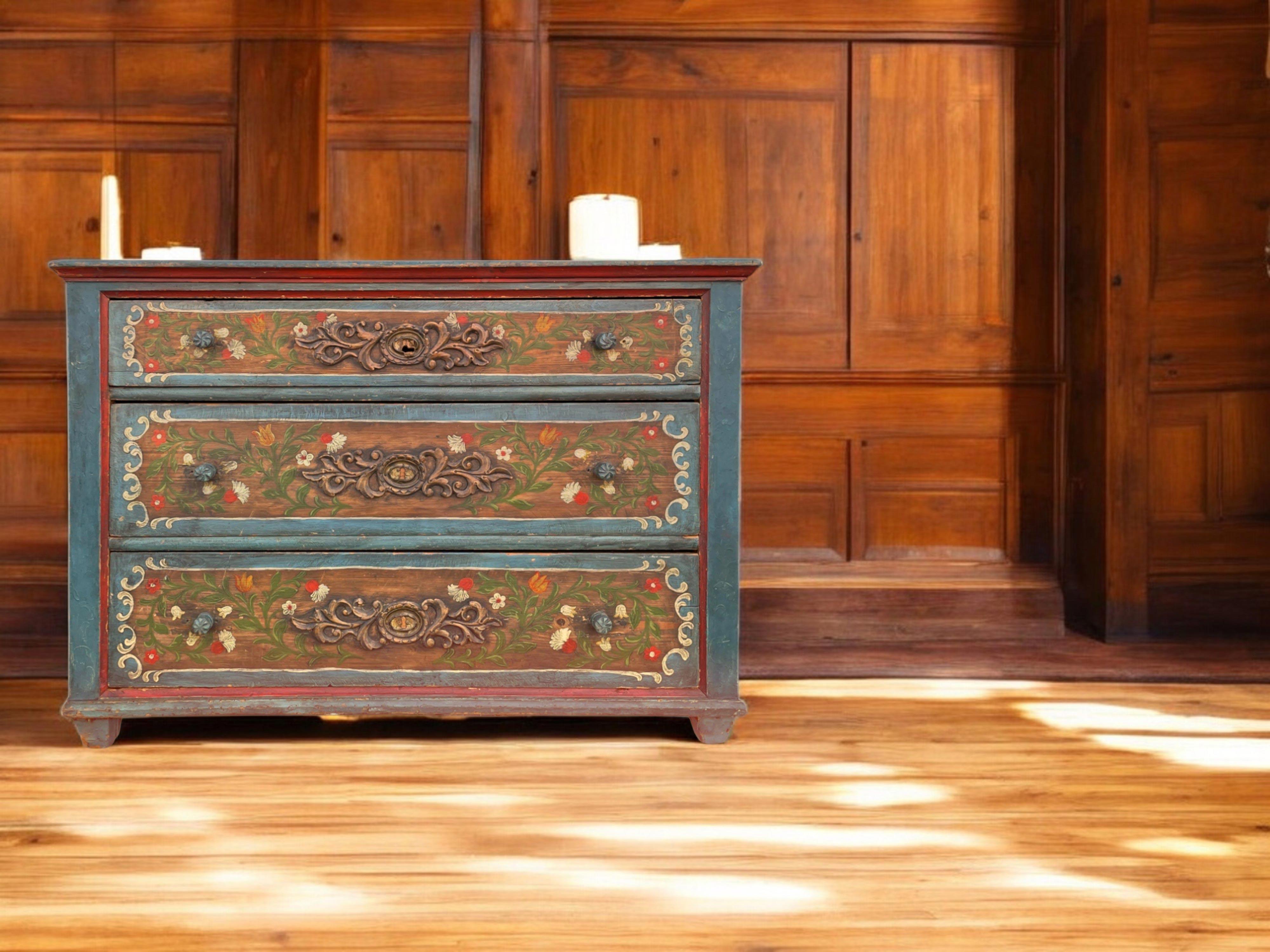 Fir XIX Century Blue Floral Painted Chest of Drawers, Central Europe