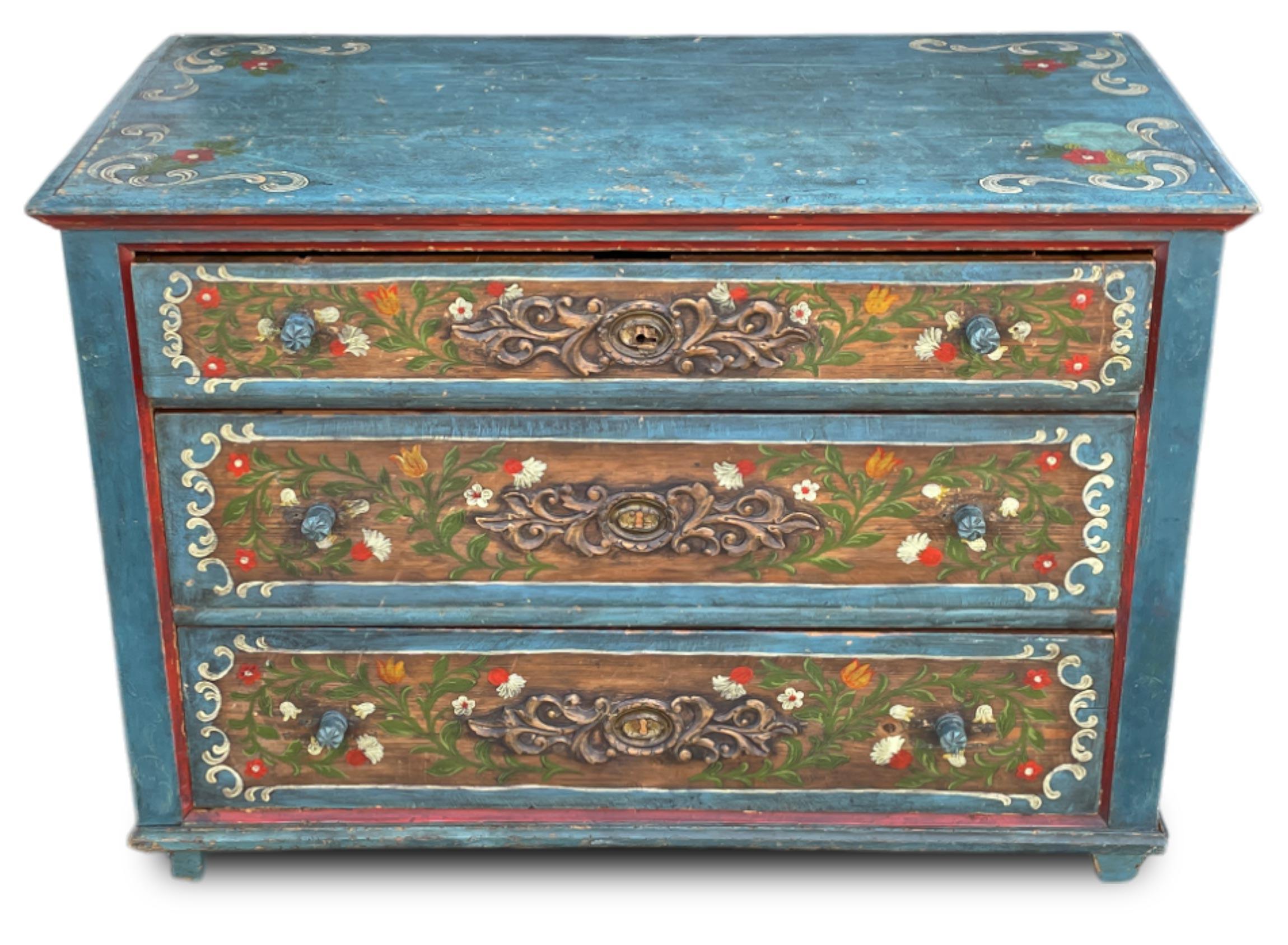 XIX Century Blue Floral Painted Chest of Drawers, Central Europe 1