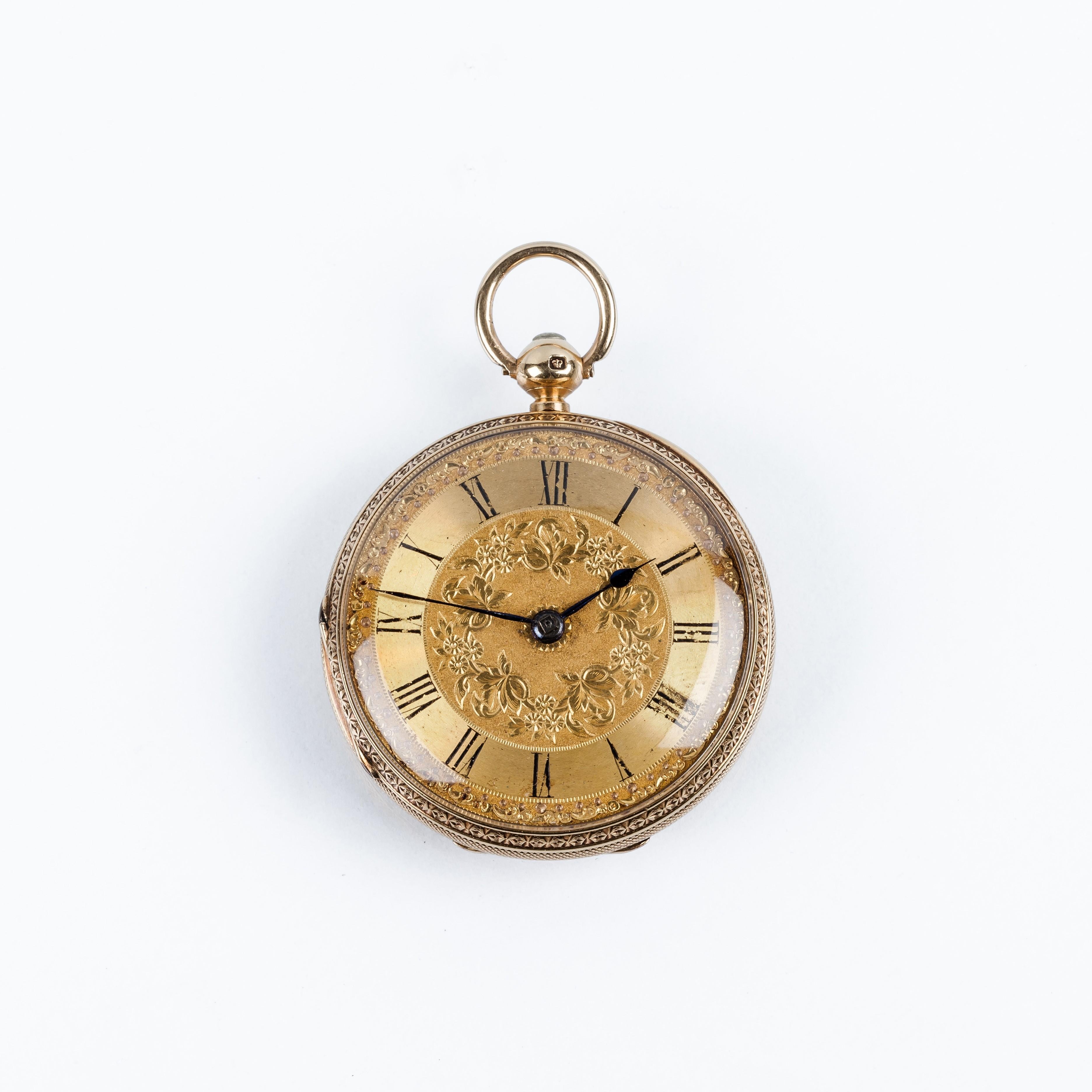 XIX Century Open-face Gold Pocket Watch R. STEWART, Argyle & Buchanan Sts., Glasgow, #16044.
Beautiful 43m/1.69in gold case with a thorough ornamental floral engraving with vegetation on the external lid. Internal lid is plain. Gold sphere,