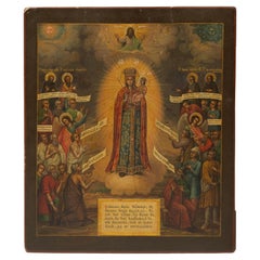 Icona russa ortodossa del XIX secolo "Gioia di tutti i dolenti" Icone in legno e tempera