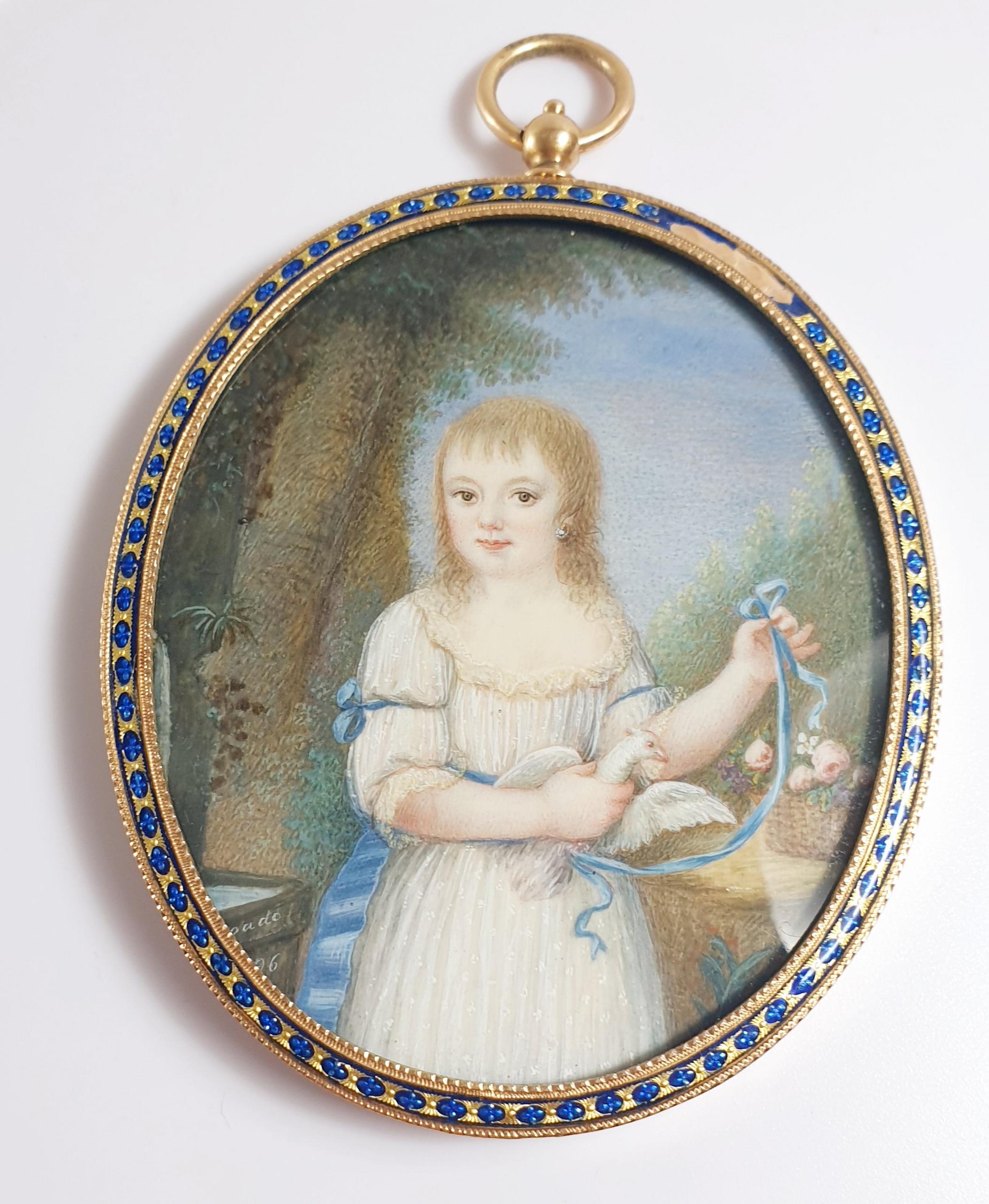 XIX Century Oval Photo Frame Pendant in Yellow Gold with Blue Enamel Ornaments.
Inside a miniature of a little girl with a dove, a basket of flowers and a ribbon.
Measures:
90x64mm / 3.54x2.51in.

READY TO SHIP
*Shipment of this piece is not
