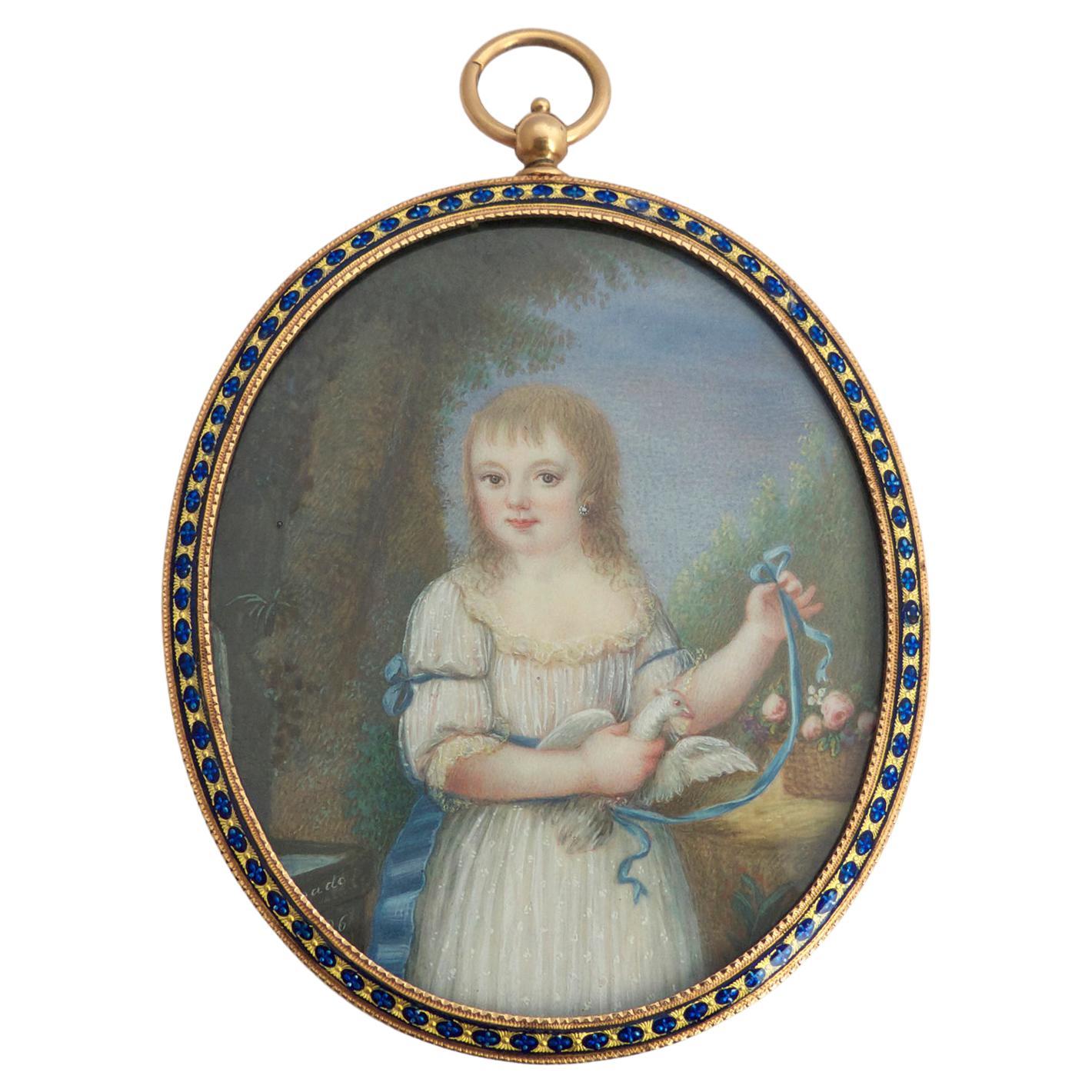 XIX Century Oval Photo Frame Pendant in Yellow Gold with Blue Enamel Ornaments For Sale