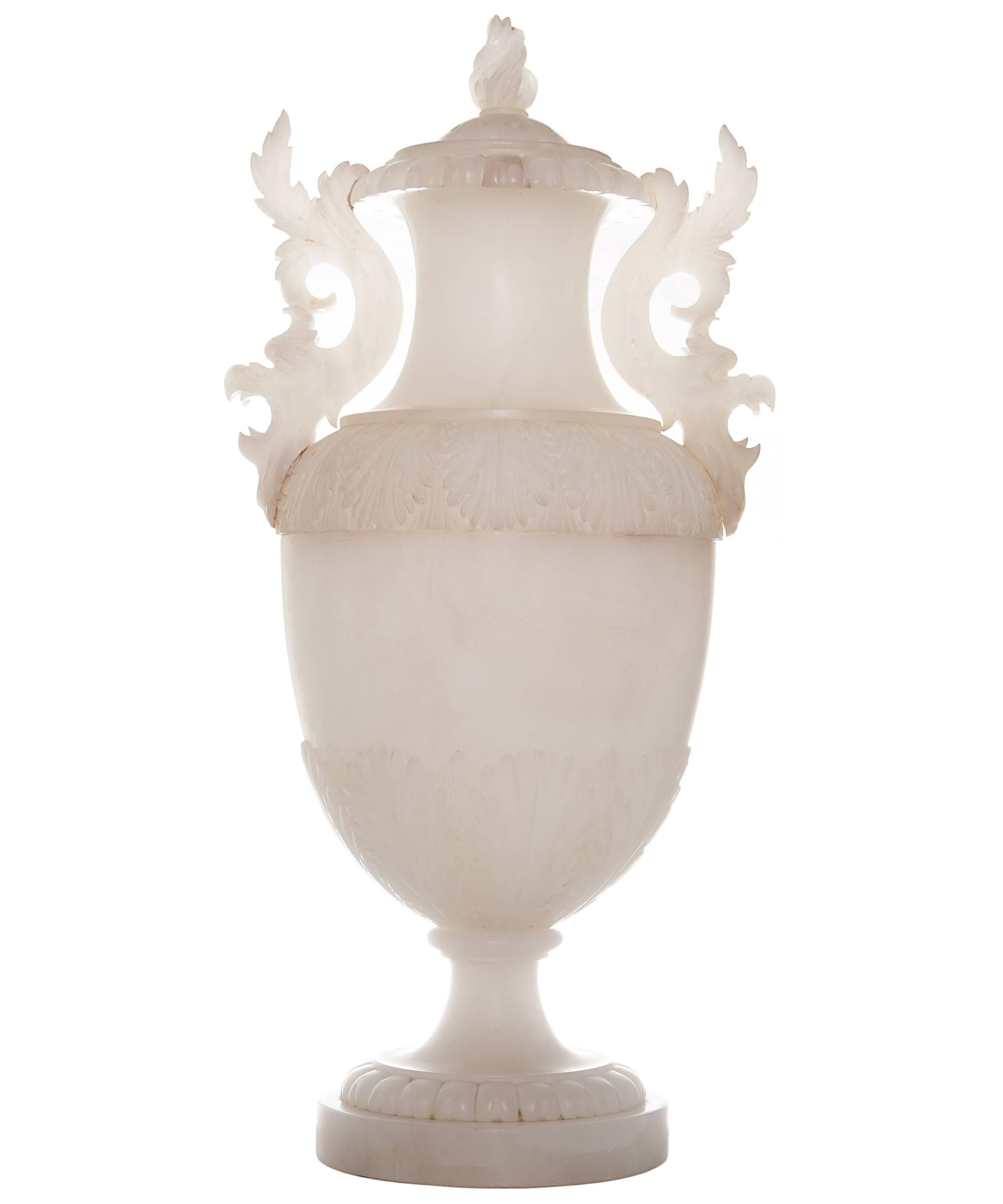 Romantic 19th Century Pair of Large Italian Alabaster Covered Urns For Sale