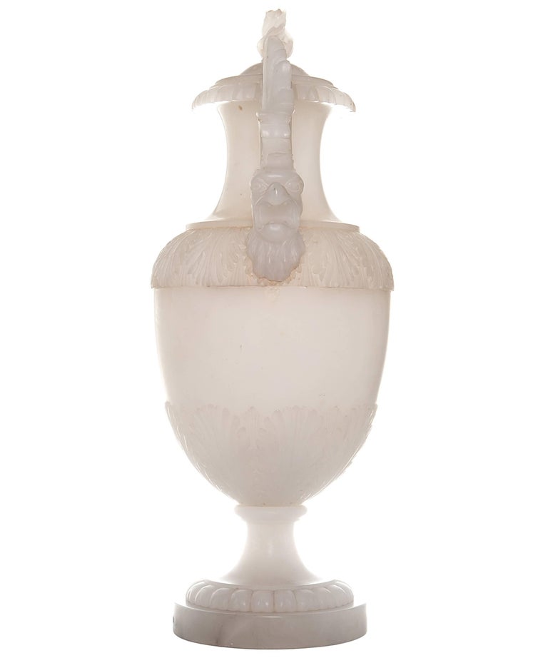 19th Century Pair of Large Italian Alabaster Covered Urns For Sale at