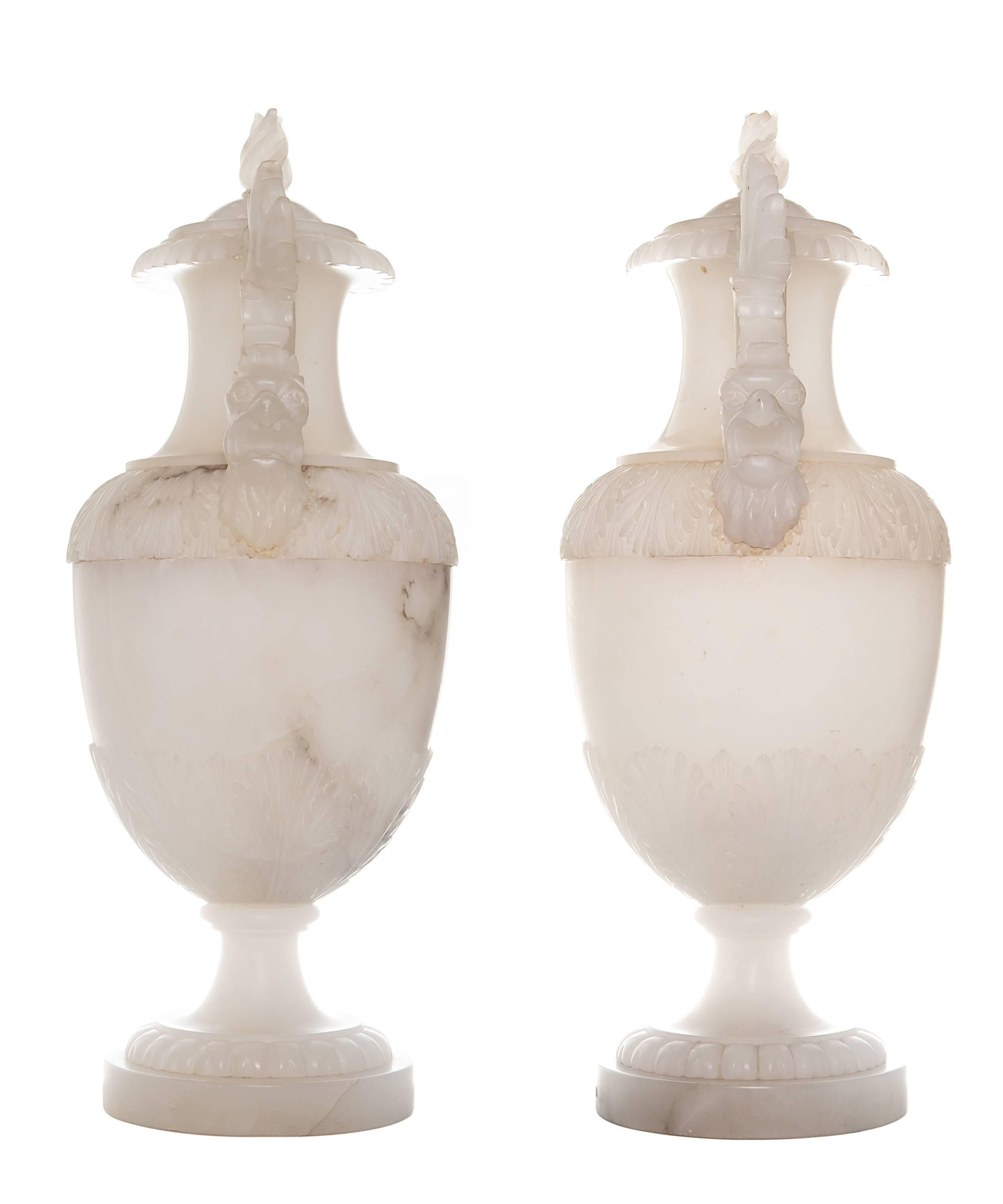 19th Century Pair of Large Italian Alabaster Covered Urns For Sale 1