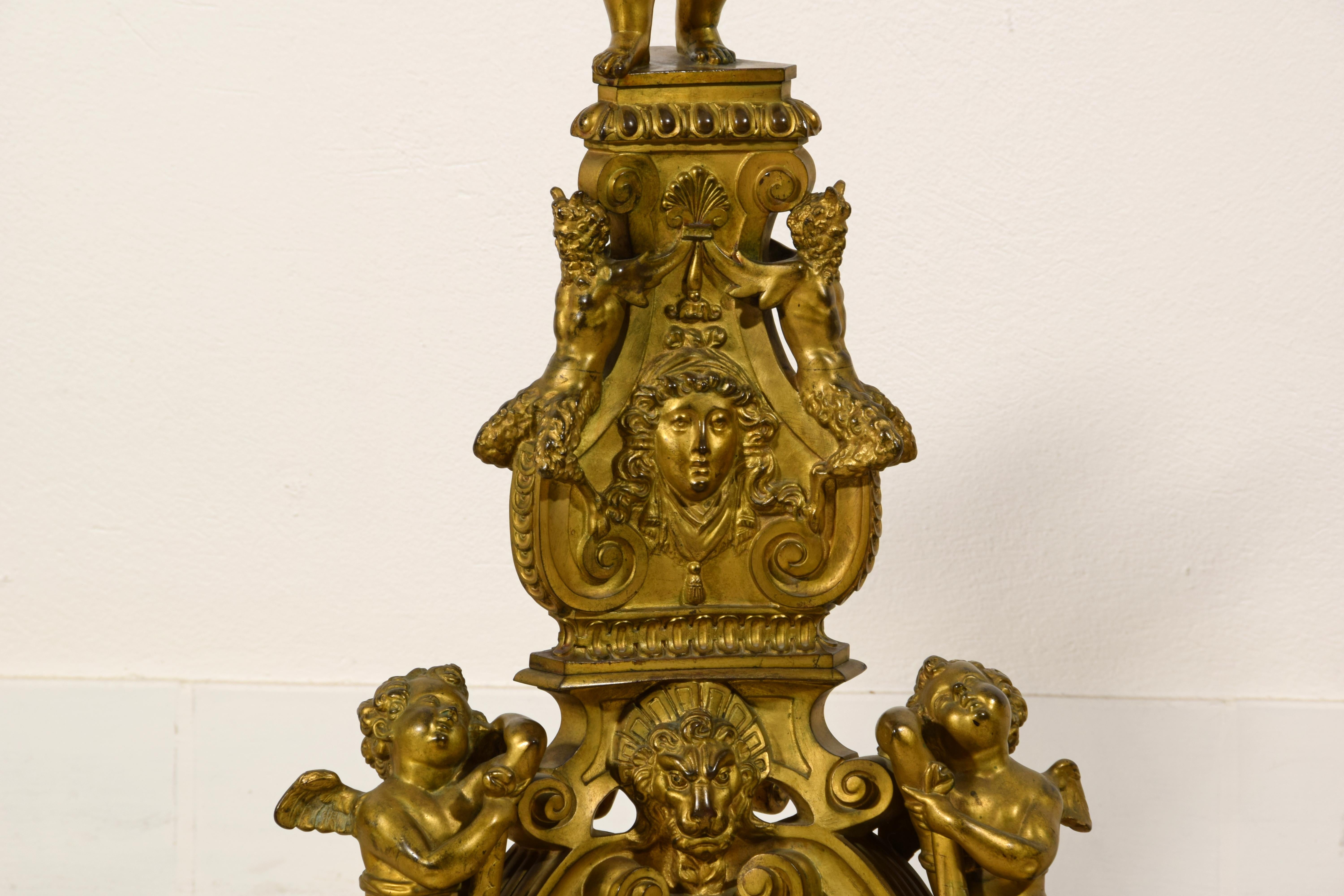 XIX Century, Pair of Venetian Gilt Bronze Fireplace Chenets in Baroque Style For Sale 8