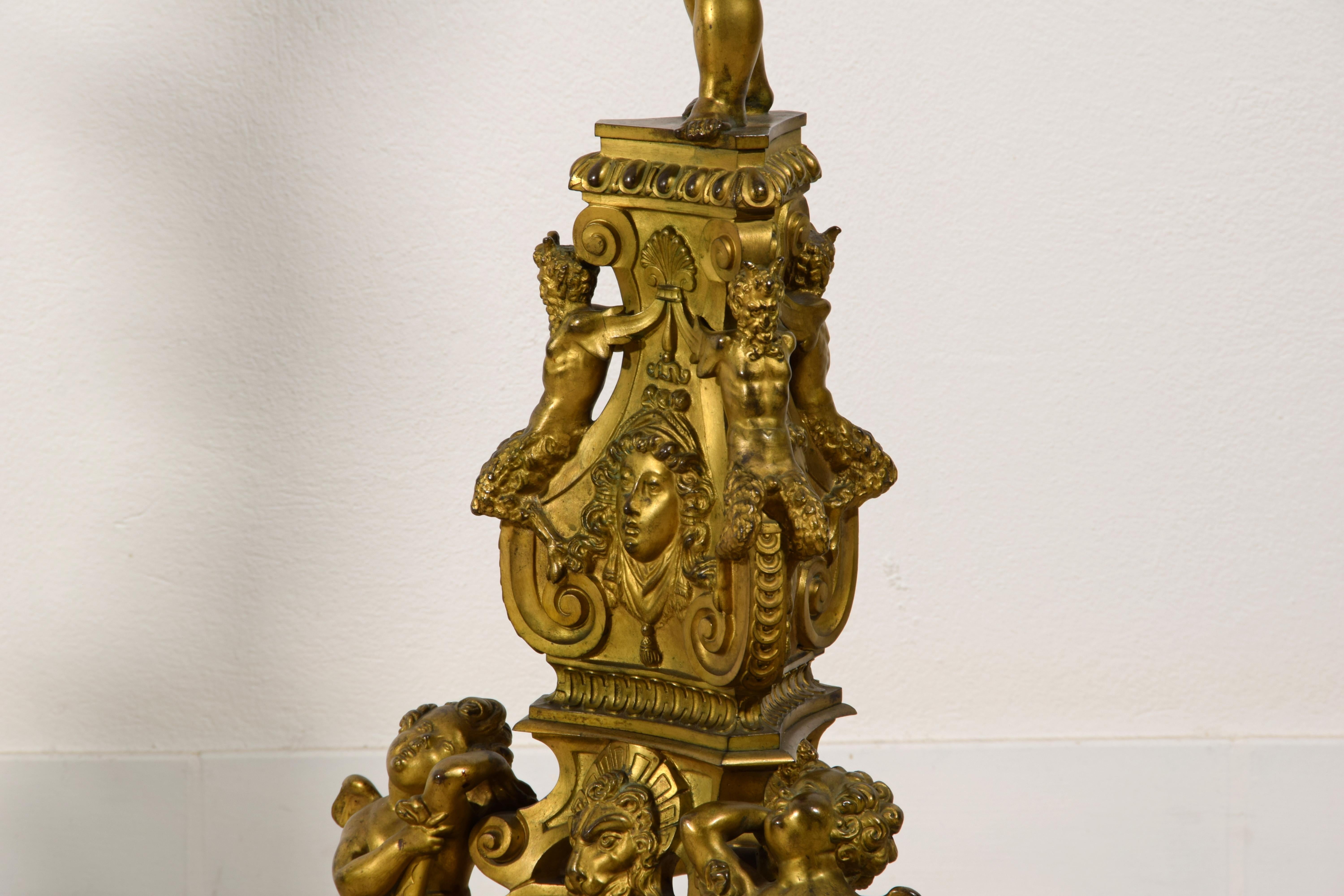 XIX Century, Pair of Venetian Gilt Bronze Fireplace Chenets in Baroque Style For Sale 12