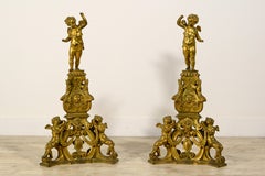 XIX Century, Pair of Venetian Gilt Bronze Fireplace Chenets in Baroque Style