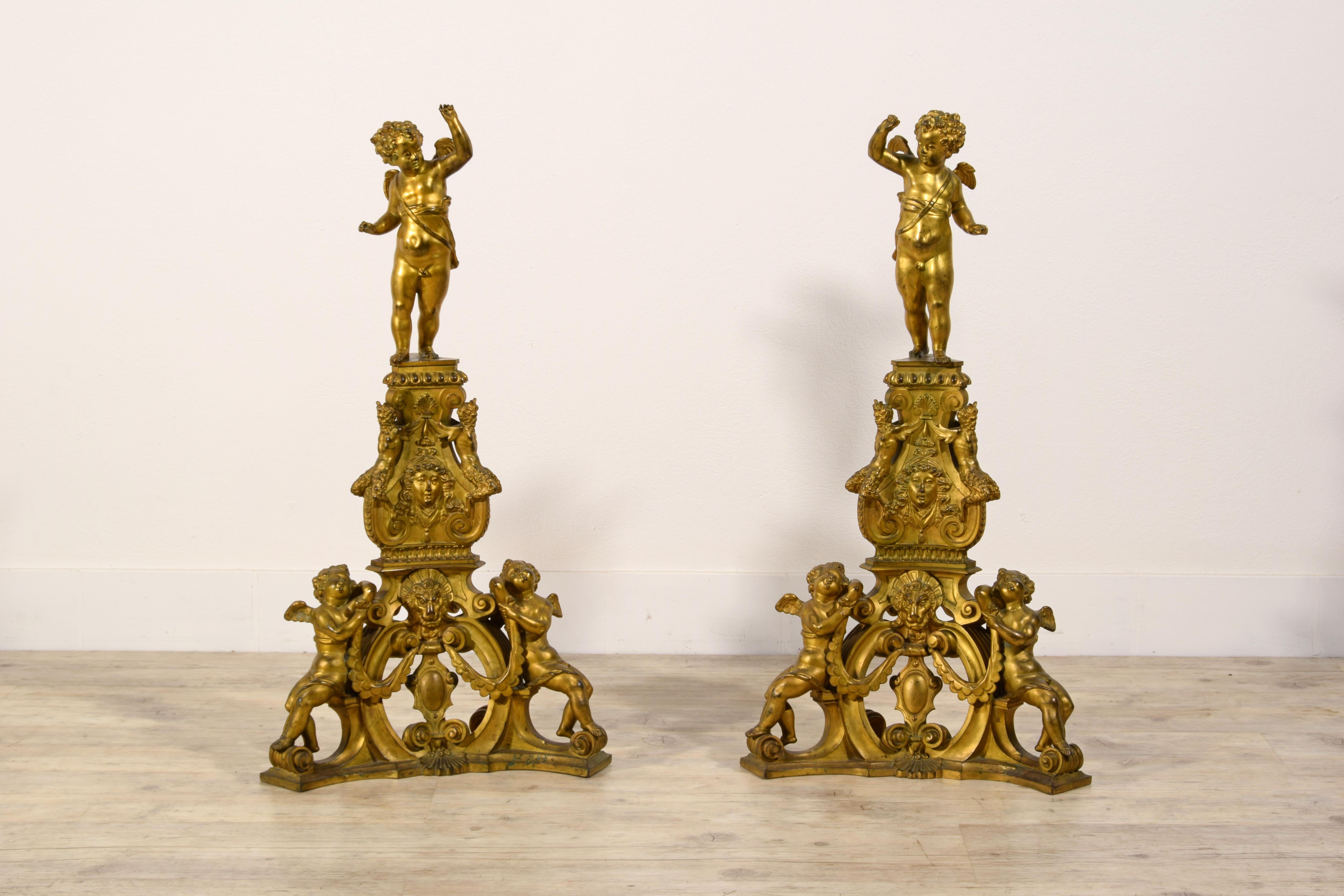 Italian XIX Century, Pair of Venetian Gilt Bronze Fireplace Chenets in Baroque Style For Sale