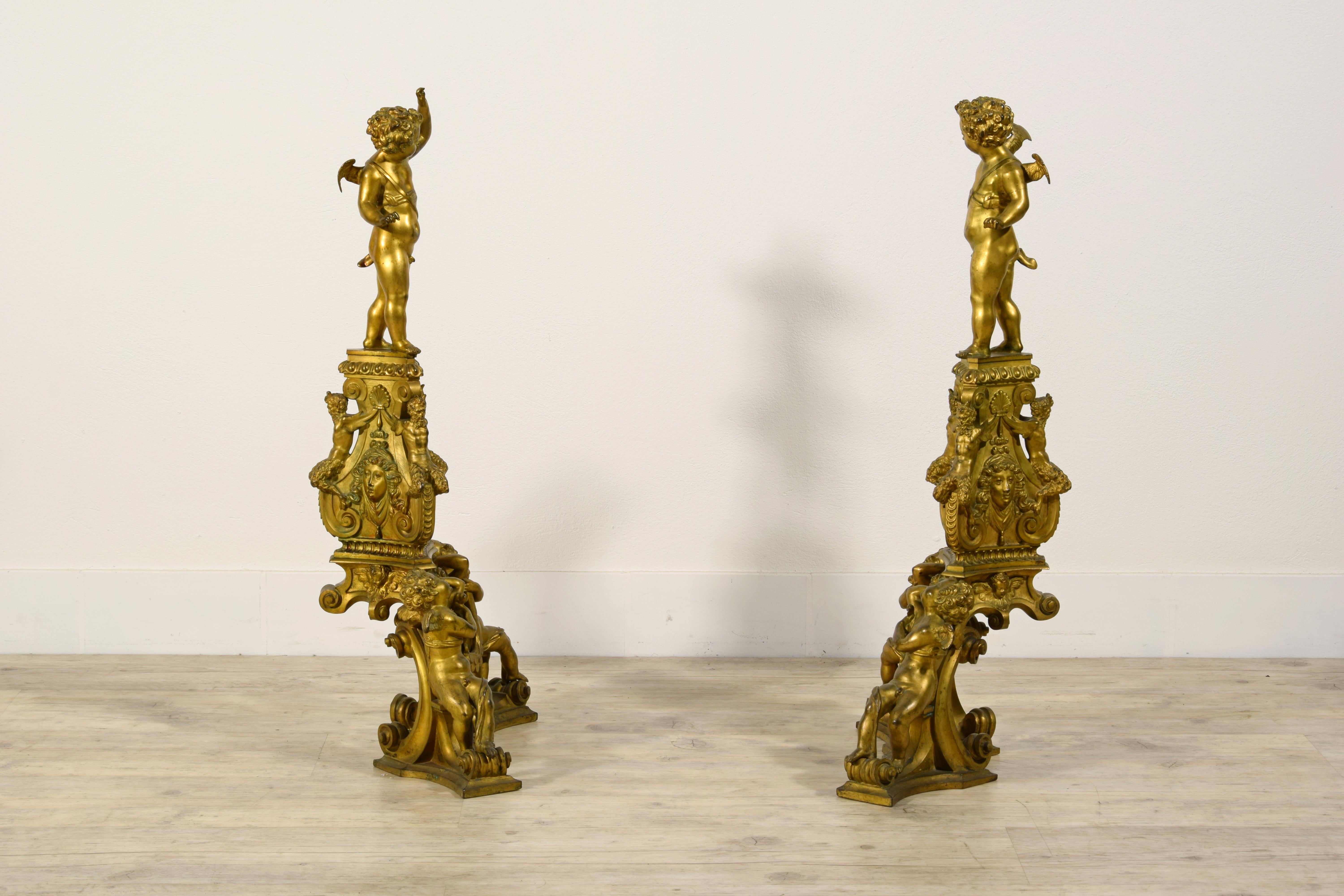 19th Century XIX Century, Pair of Venetian Gilt Bronze Fireplace Chenets in Baroque Style For Sale