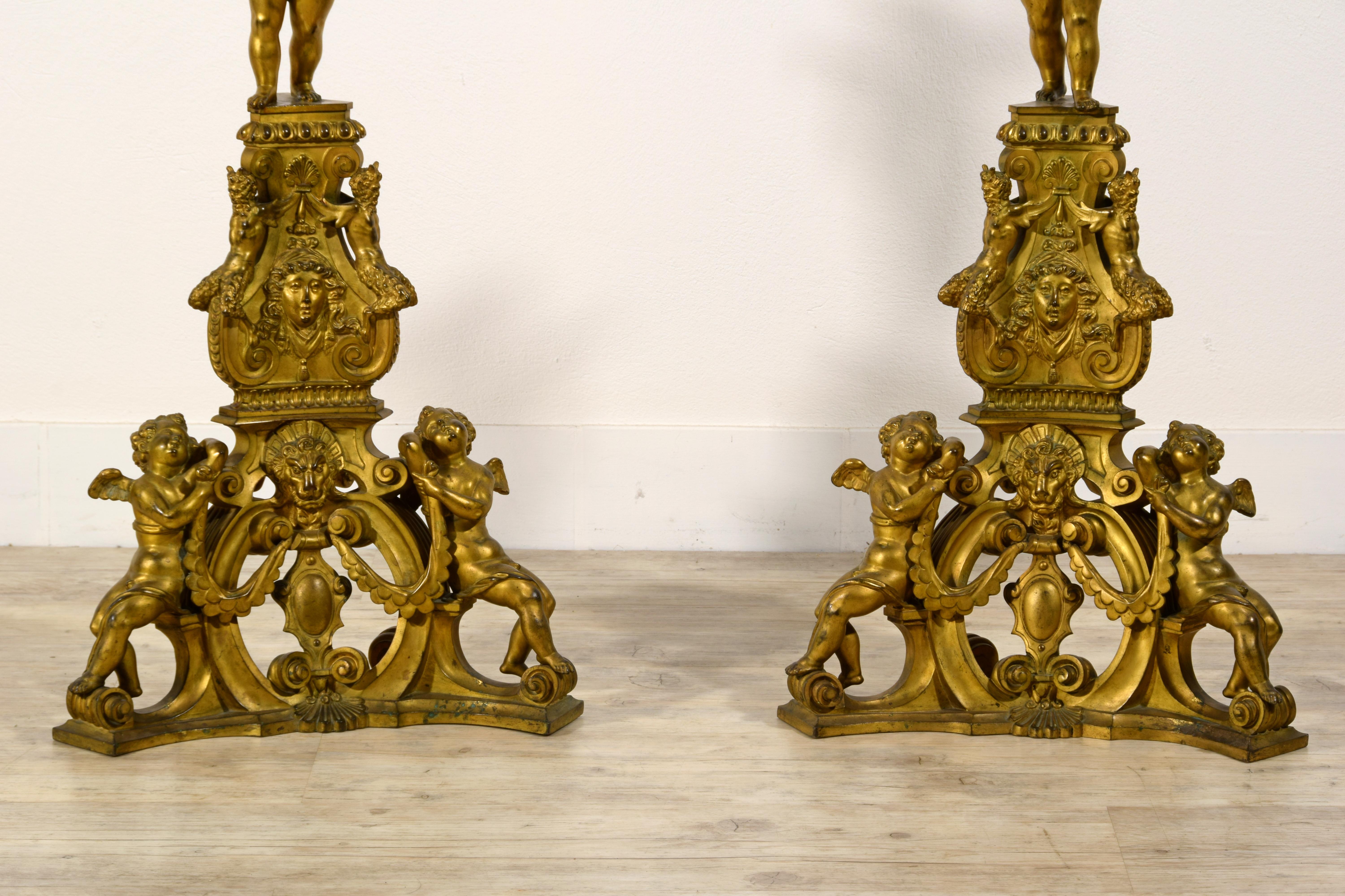 XIX Century, Pair of Venetian Gilt Bronze Fireplace Chenets in Baroque Style For Sale 2