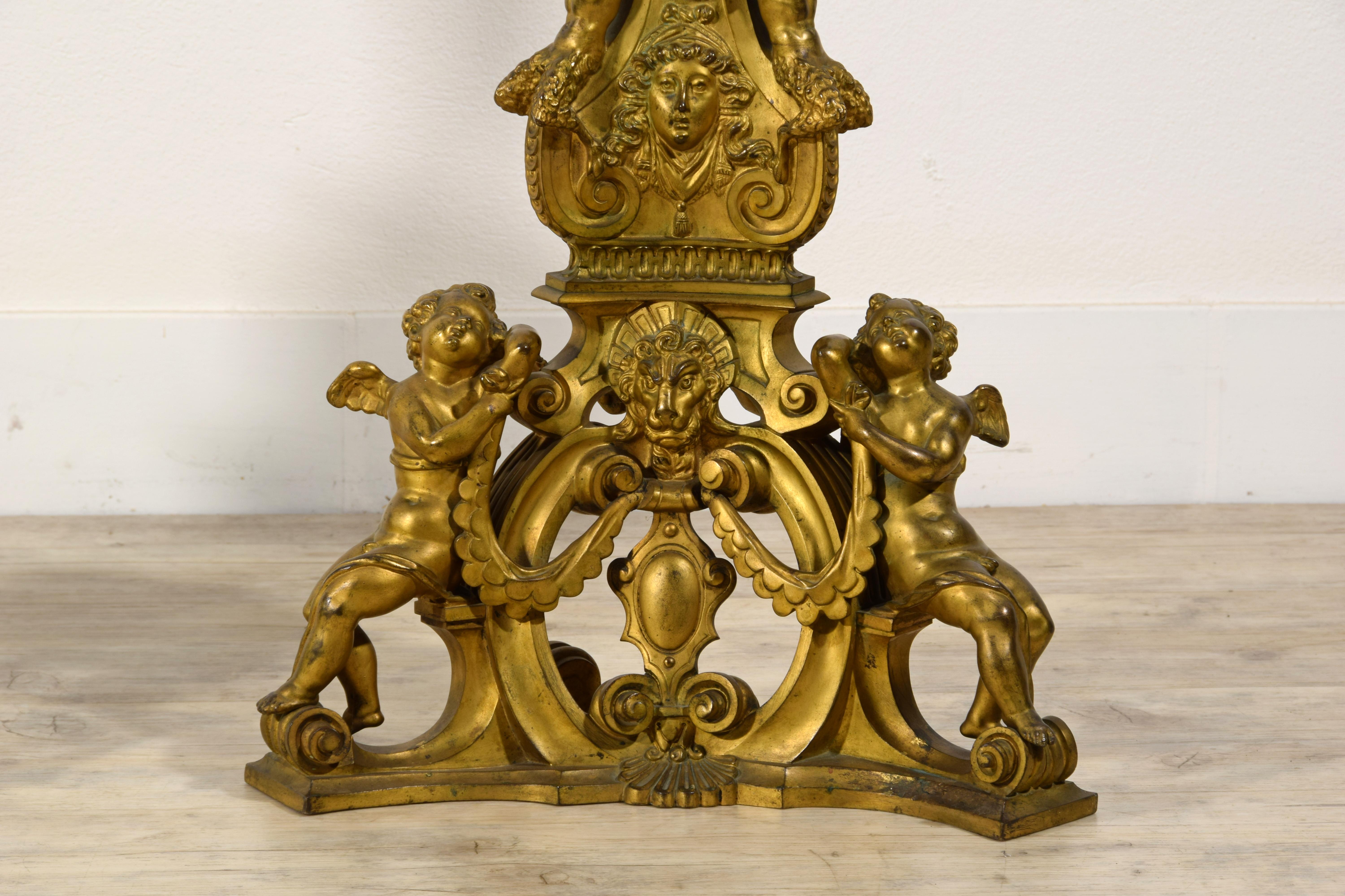XIX Century, Pair of Venetian Gilt Bronze Fireplace Chenets in Baroque Style For Sale 3