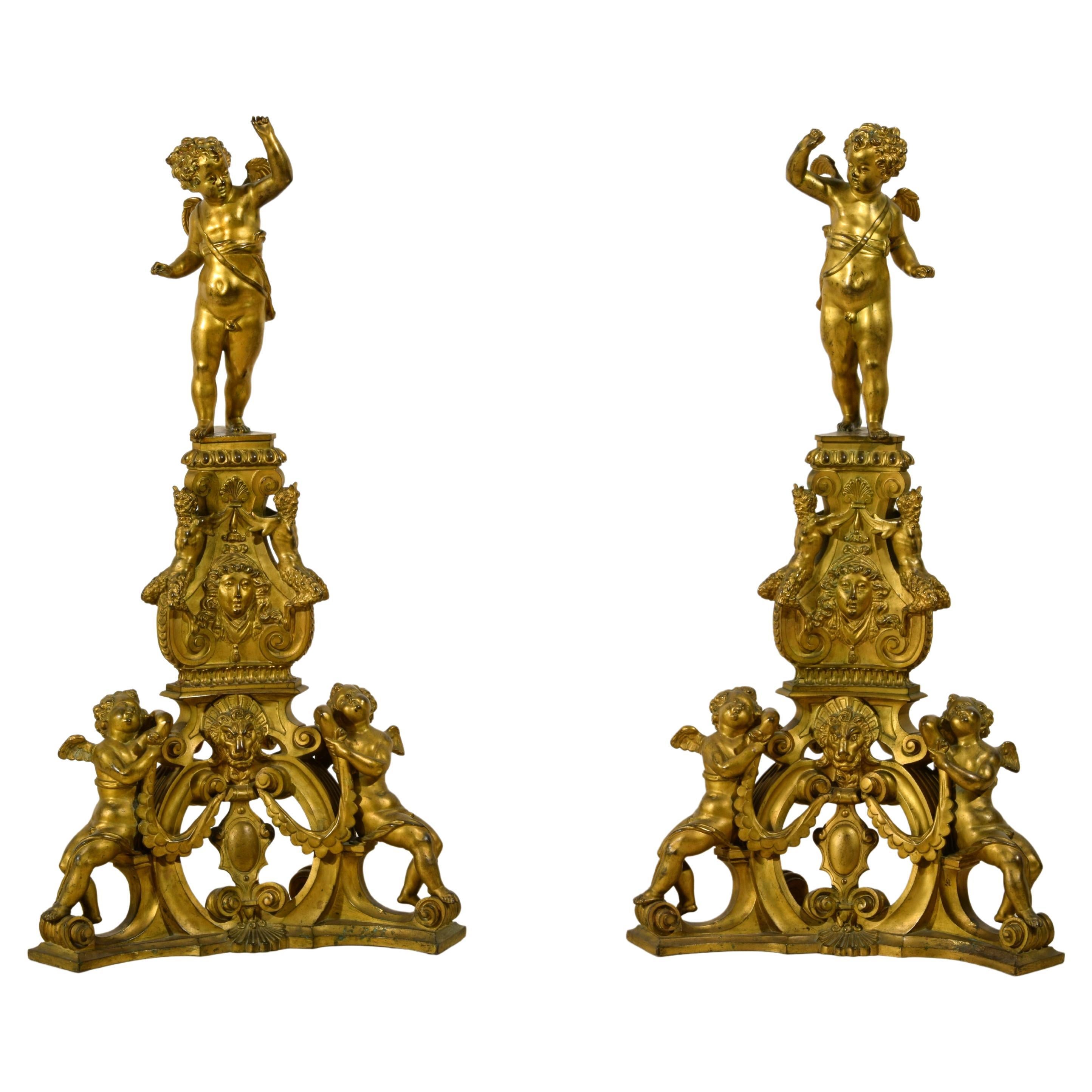 XIX Century, Pair of Venetian Gilt Bronze Fireplace Chenets in Baroque Style For Sale