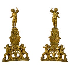 XIX Century, Pair of Venetian Gilt Bronze Fireplace Chenets in Baroque Style