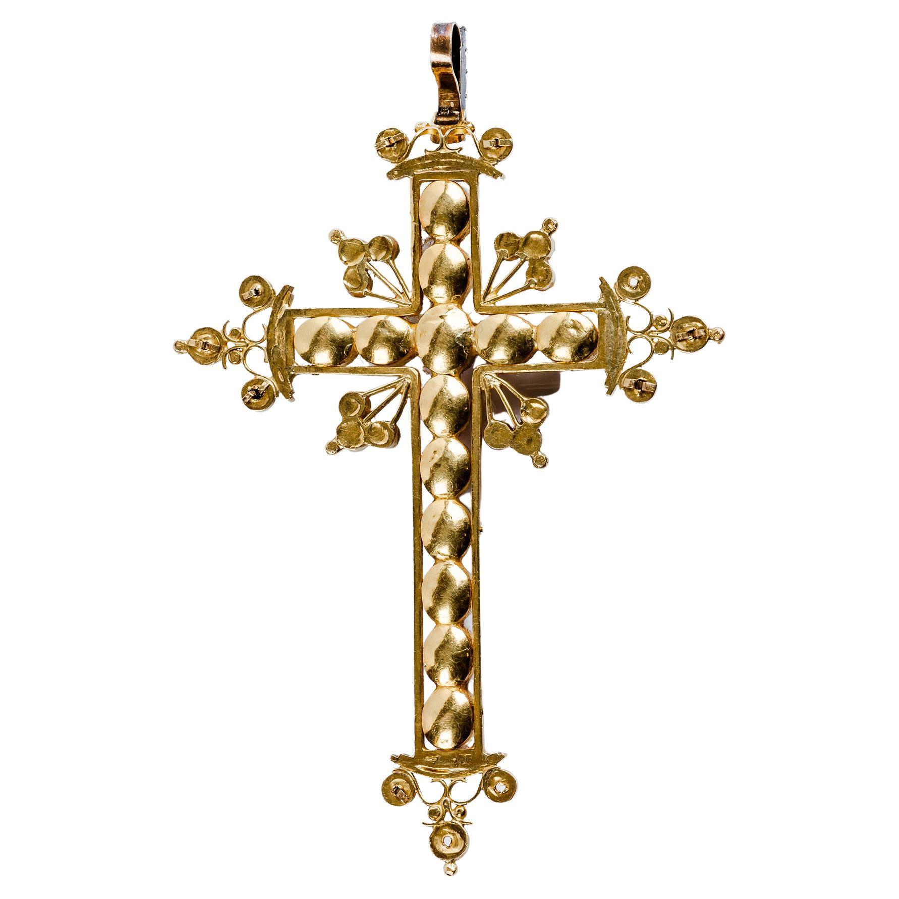 XIX Century Pendant 18k Gold Cross  Bynzantine style with rubies and rock crystals 
Length 102mm / 4.01in.

Byzantine art, architecture, paintings, and other visual arts produced in the Middle Ages in the Byzantine Empire (centred at Constantinople)
