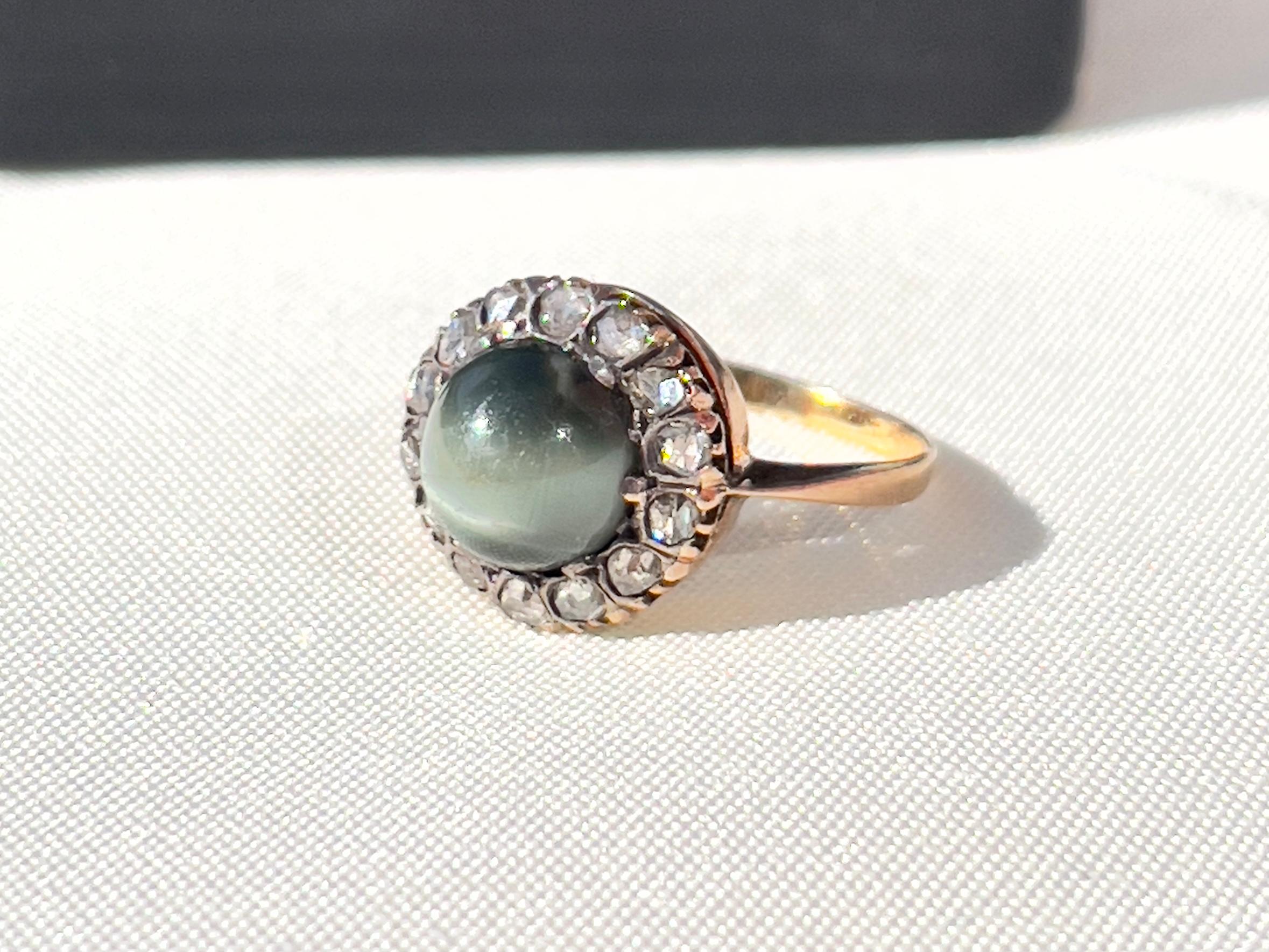 Victorian Chrysoberyl Diamond Gold Cats Eye Portuguese Cocktail Ring For Sale 2