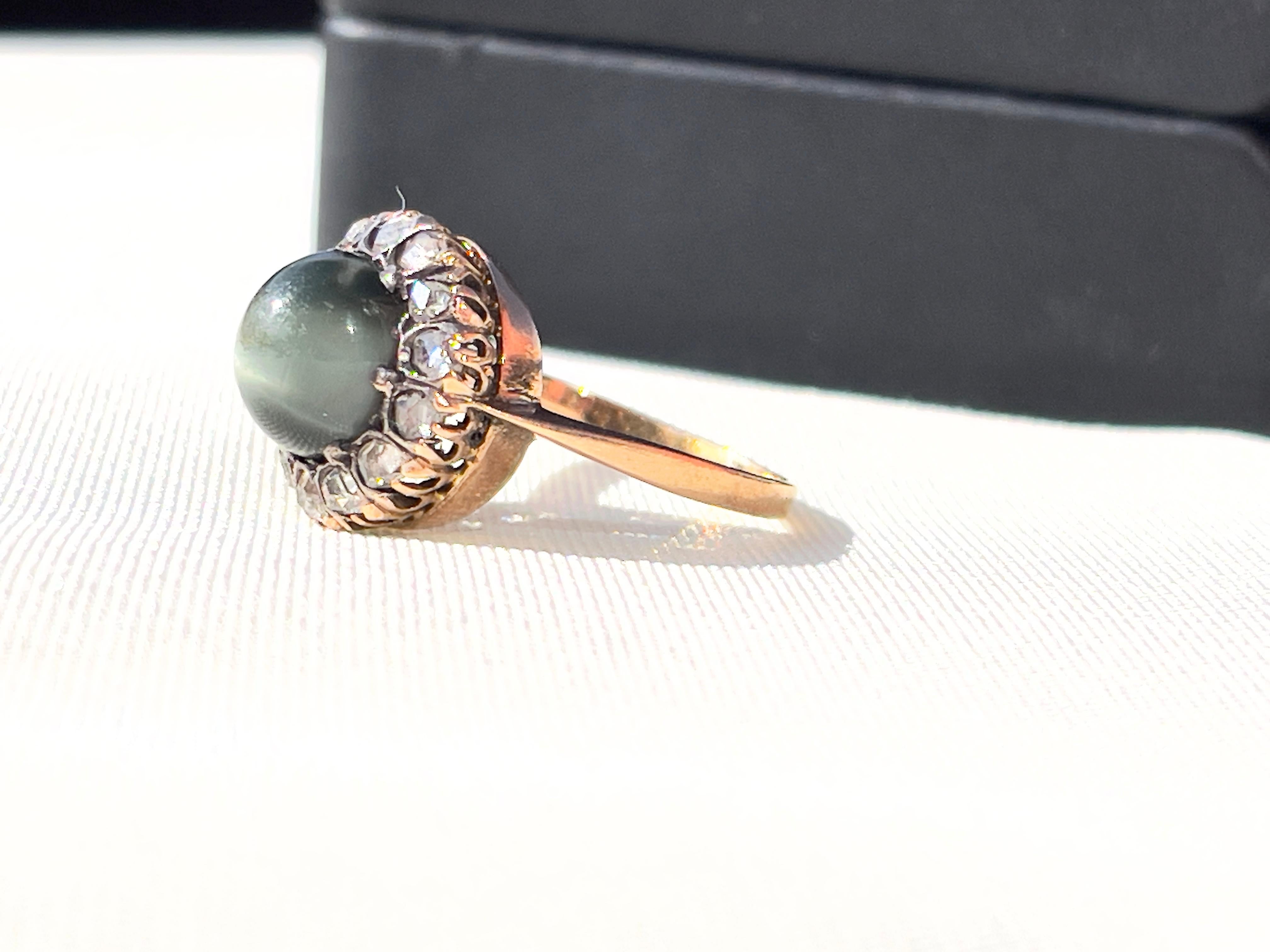Victorian Chrysoberyl Diamond Gold Cats Eye Portuguese Cocktail Ring For Sale 3