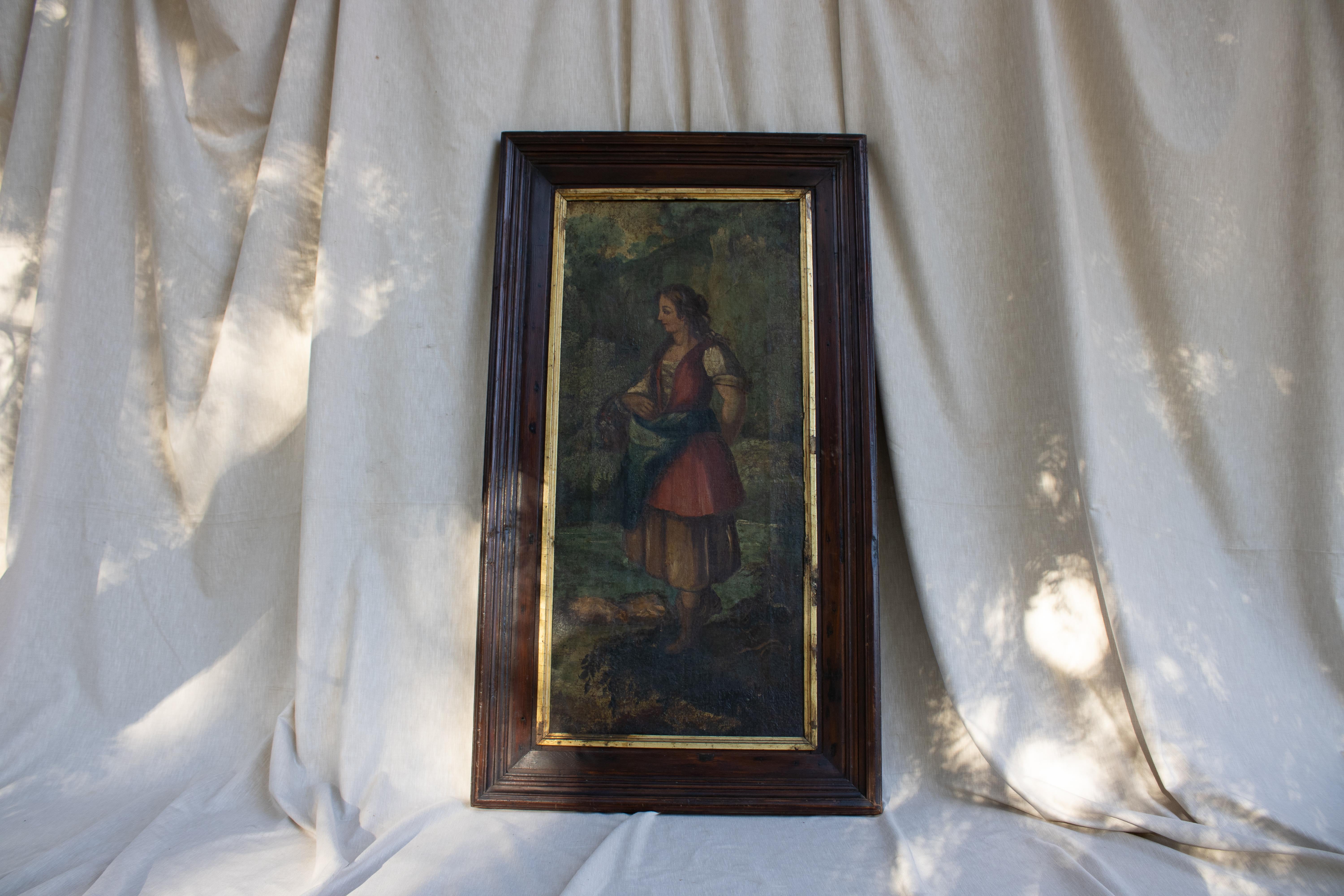 This magnificent painted oil canvas, depicts an anonymously beautiful peasant women on a lush surrounding of forest and bushes.

Portuguese intelectual work of as well an anonymous painter, the female traits of her face are well represented and also