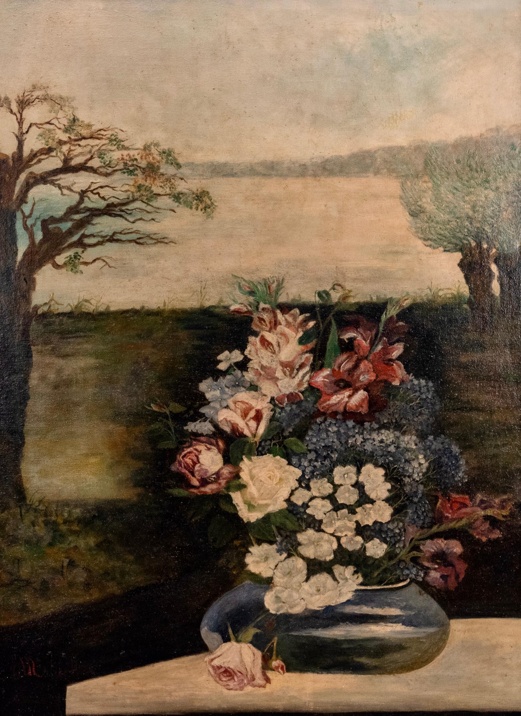 Still life with vase of flowers and landscape
Impressive impressionist painting in perfect condition 
Housed in a gilded wooden frame.

This artwork is shipped from Rome. Under existing legislation, any artwork in Italy created over 70 years ago by