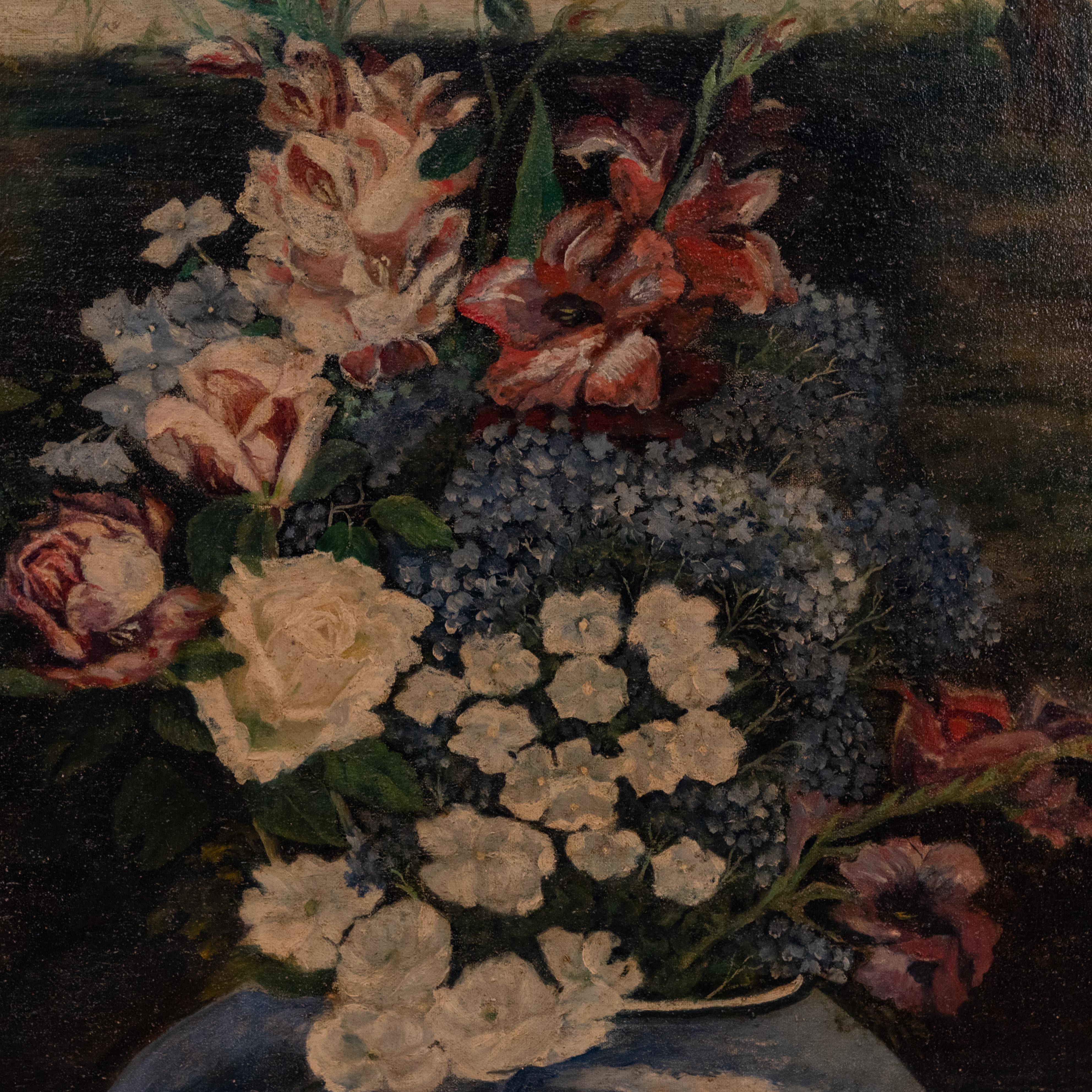 Impressionist Style Signed Still Life with Vase of Flowers and Landscape In Good Condition In Roma, IT