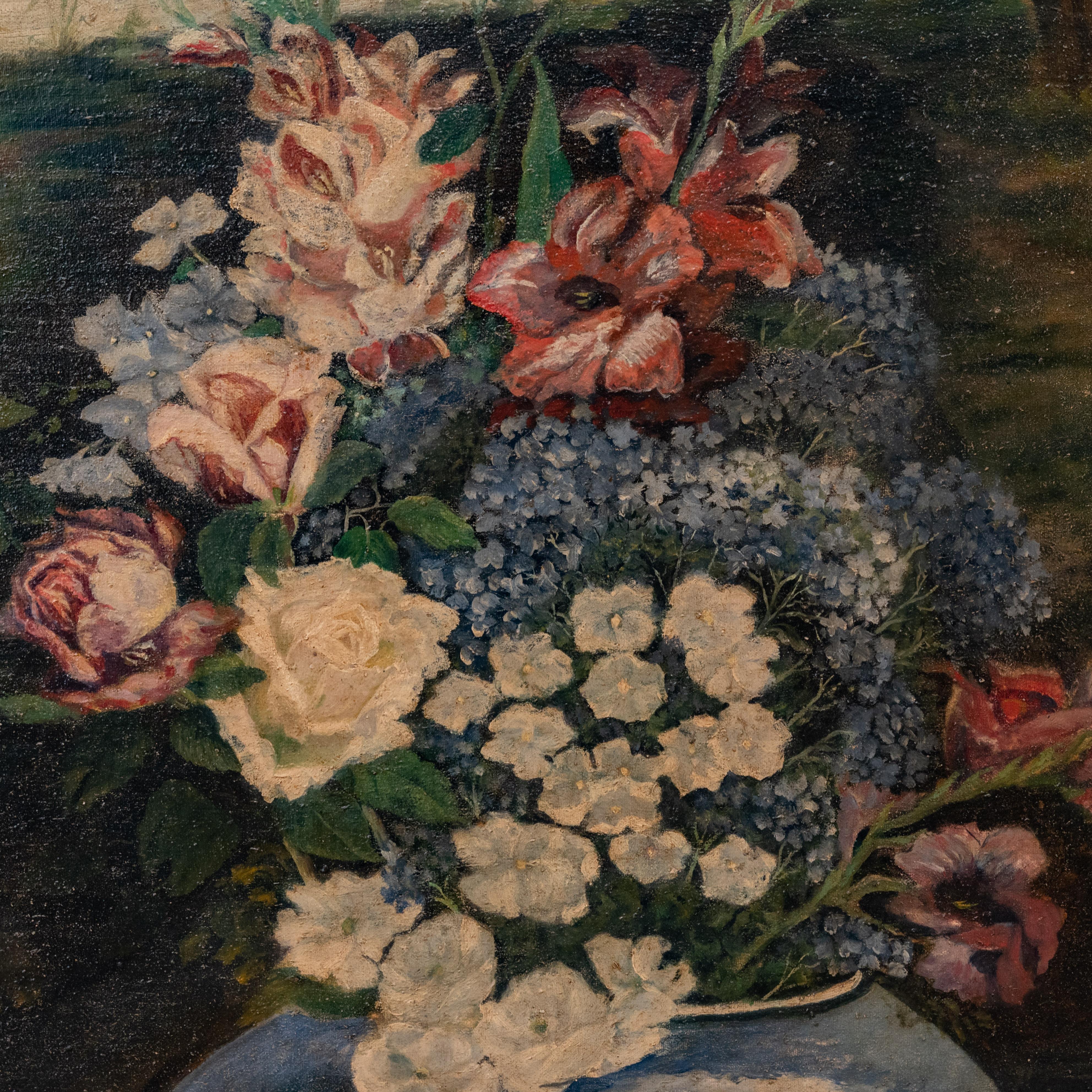 Impressionist Style Signed Still Life with Vase of Flowers and Landscape 2