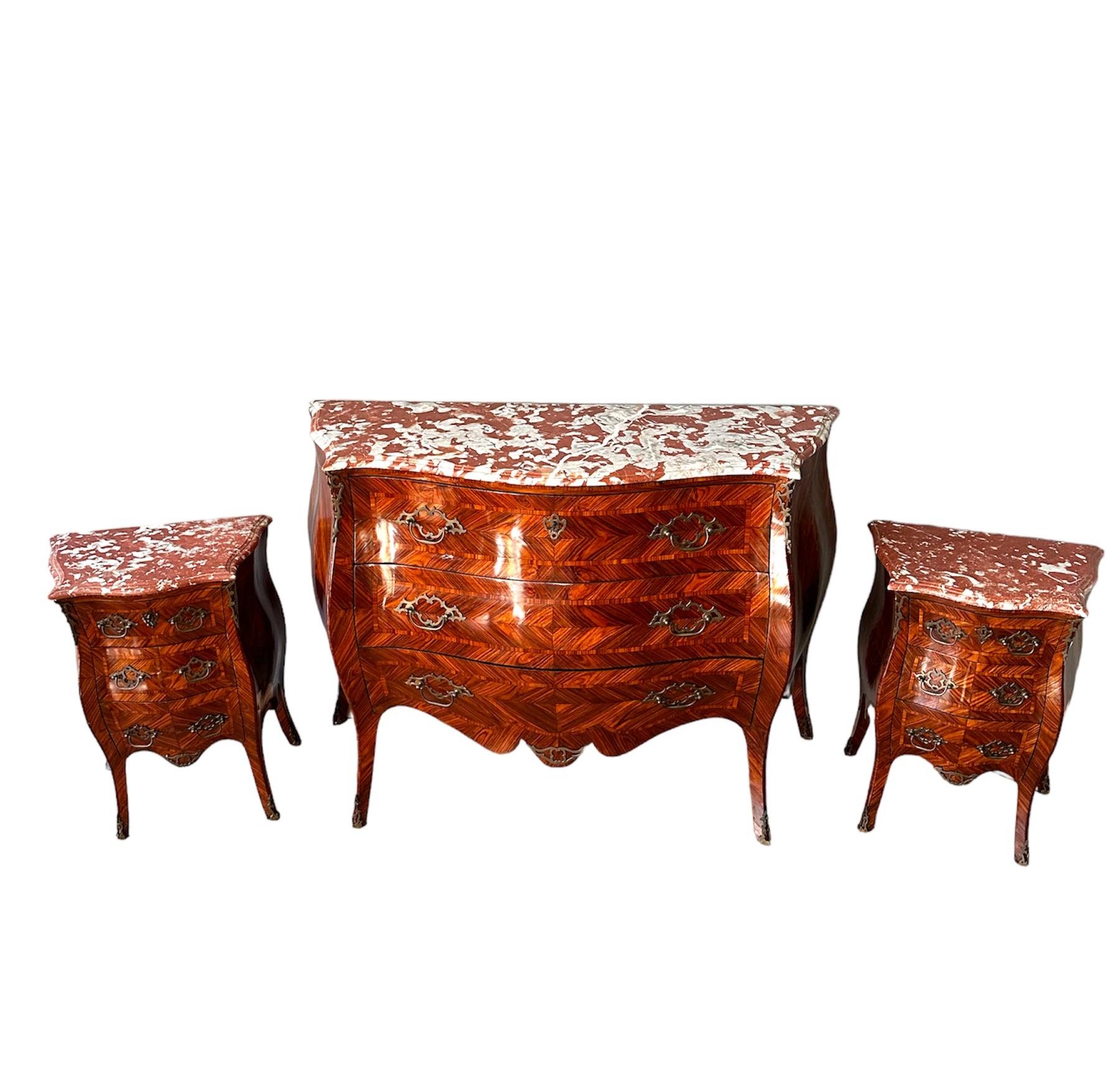 Sicilian 19th century, Napoleon III, Dresser and two nightstands in ebony and marble For Sale