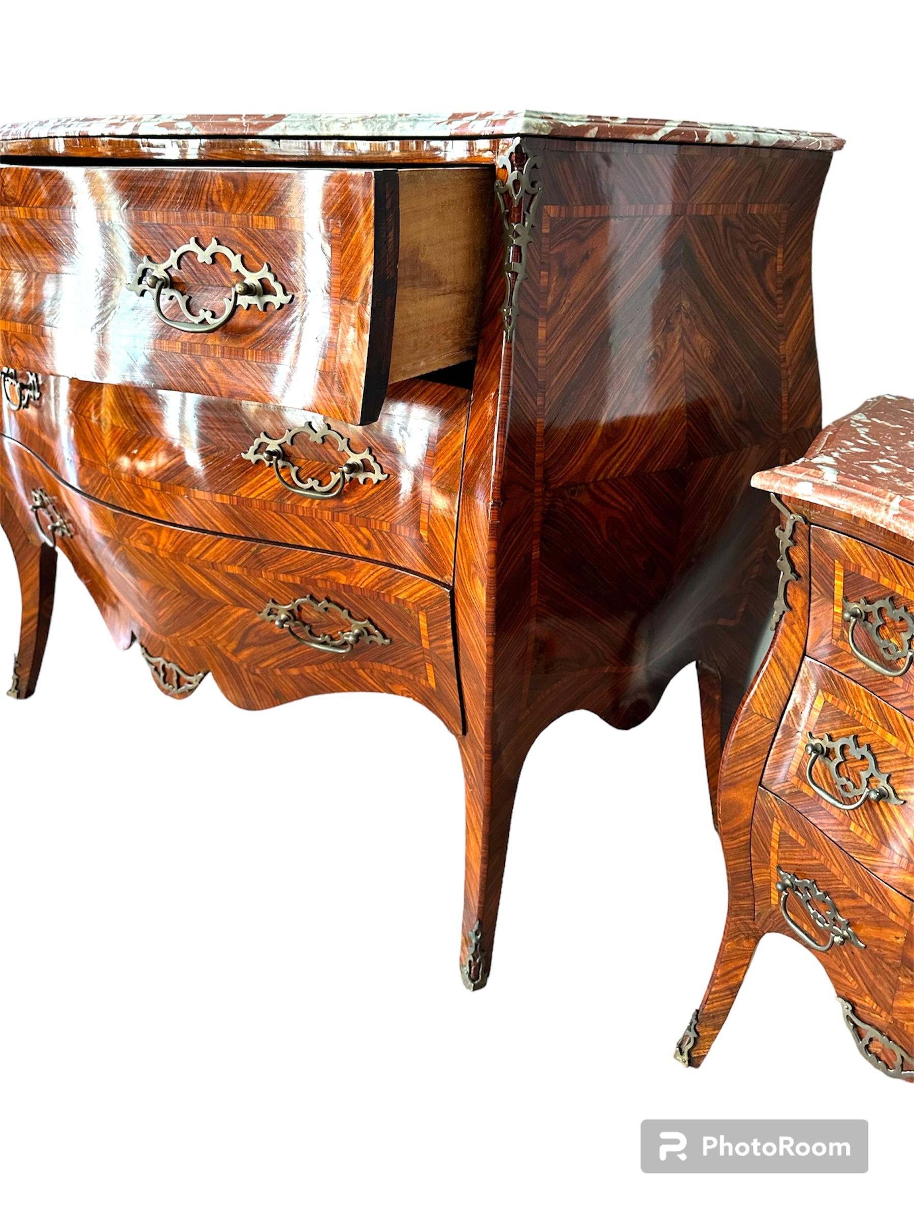 Veneer 19th century, Napoleon III, Dresser and two nightstands in ebony and marble For Sale