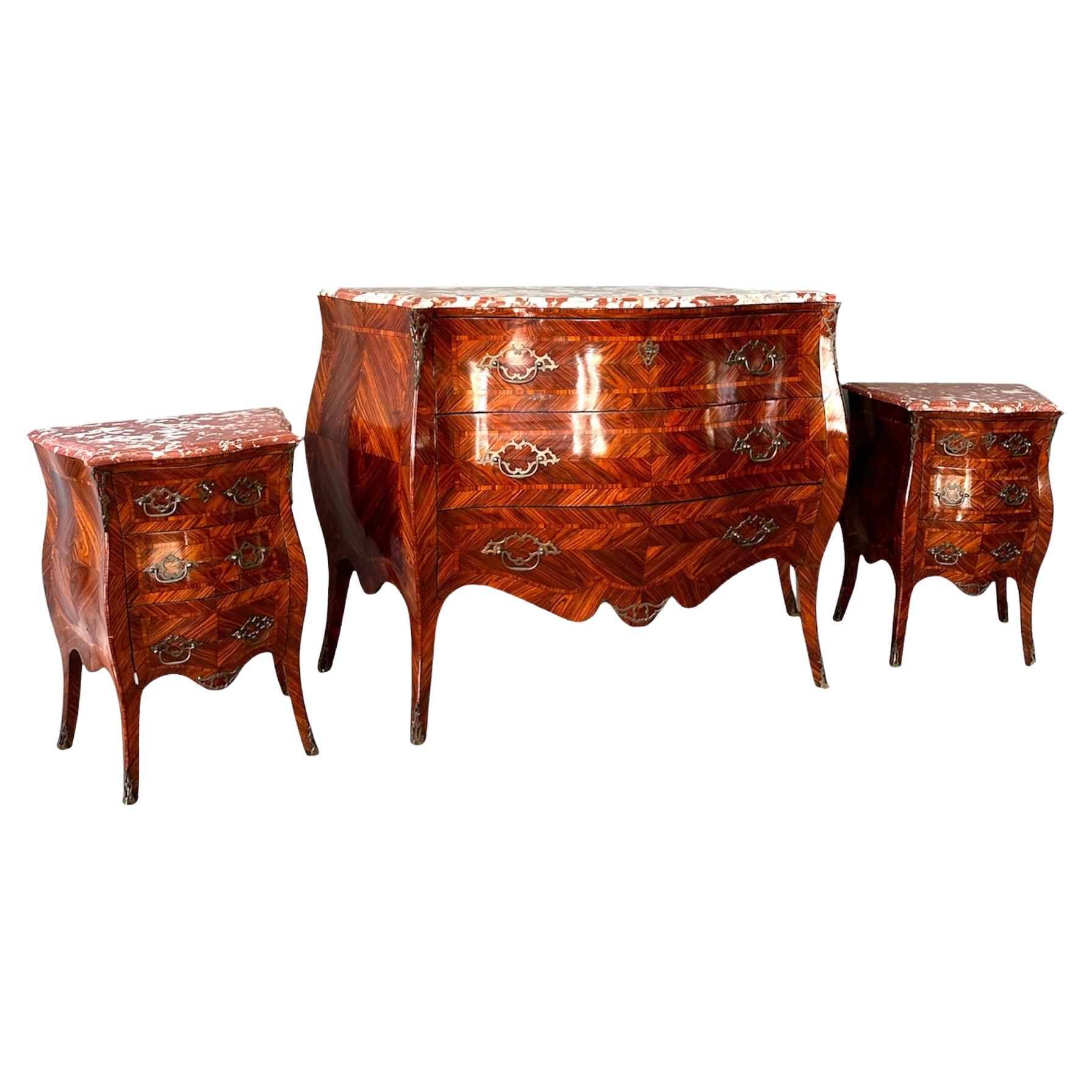 19th Century, Napoleon III, Dresser And Two Nightstands In Ebony And Marbles For Sale