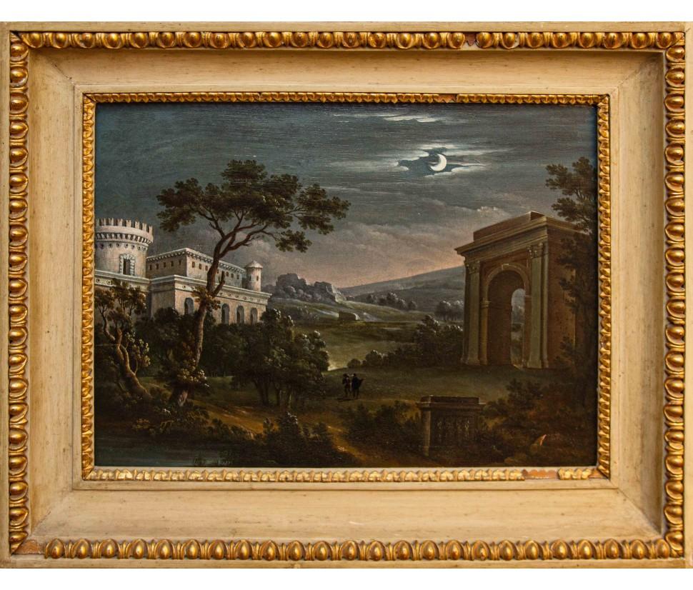 Neoclassical painter, 19th century

Four landscapes

(4) Oil on panel, 36 x 48 cm

Framed, 51.5 x 63 cm

Dreamlike landscapes and natural ecstasy persisted in the neoclassical collective imagination as a favorite architectural backdrop. The