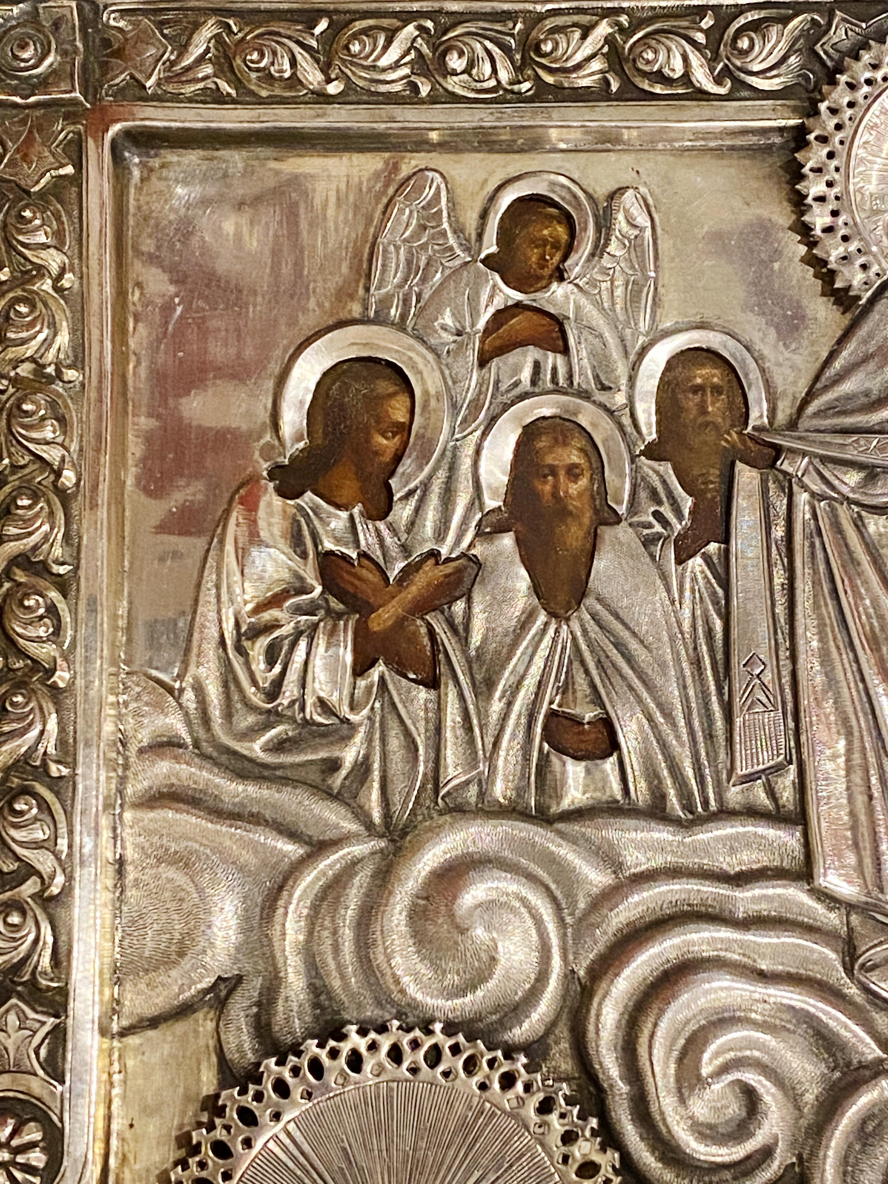 Diese prächtige antike XIXc 1890 russische Silber-Ikone 
ist gepunzt mit 84 Zolotnik, Moskau, 
mit einem Prüfzeichen von Anatoly Apollonovich Artsybashev & 
Herstellerzeichen in Kyrillisch 