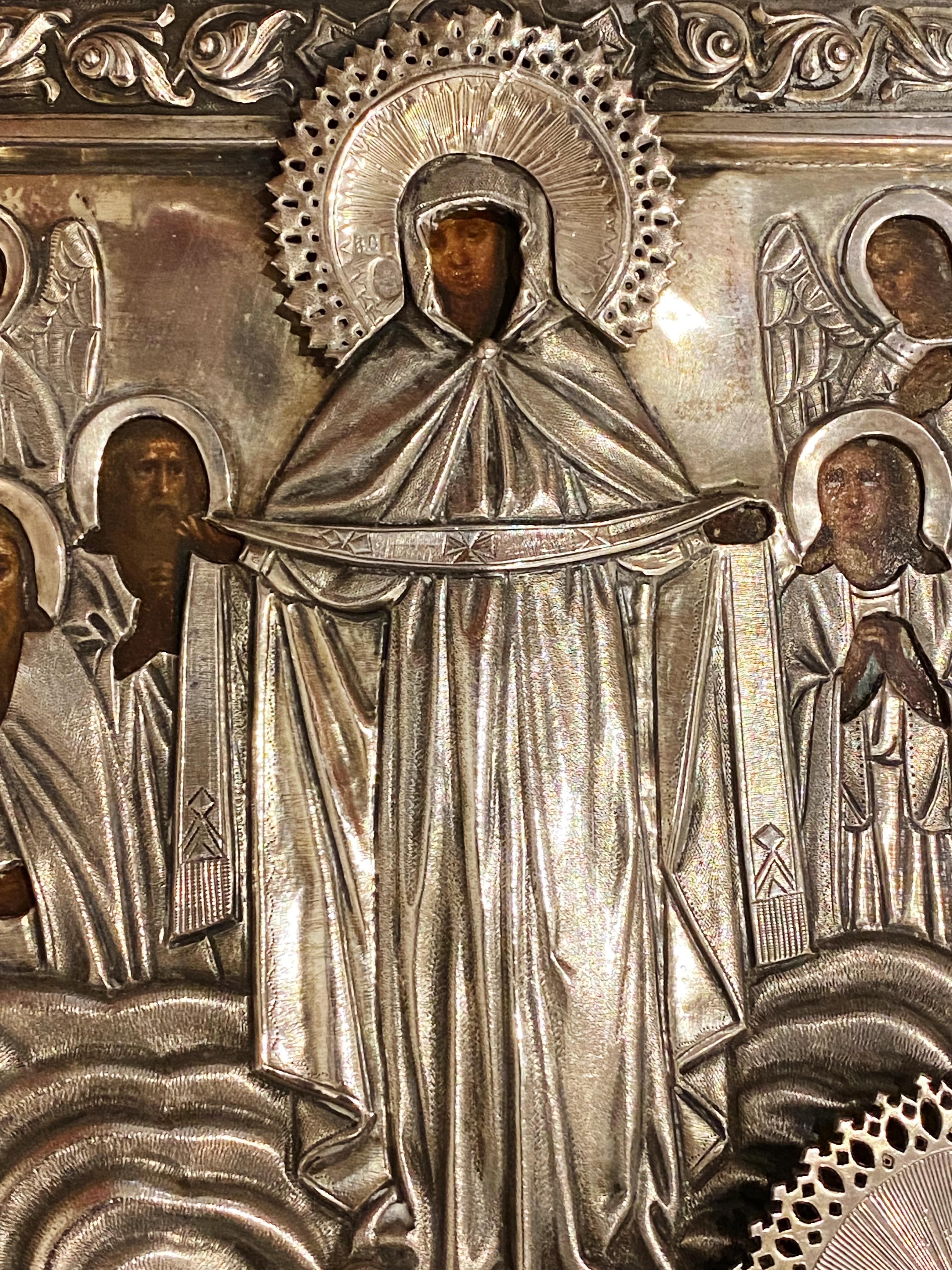 XIXc Russisches Silber „Pokrov“ Mutter des Gottes Ikone von Vasily Semenov (geb. C.) Moskau im Zustand „Hervorragend“ im Angebot in MELBOURNE, AU