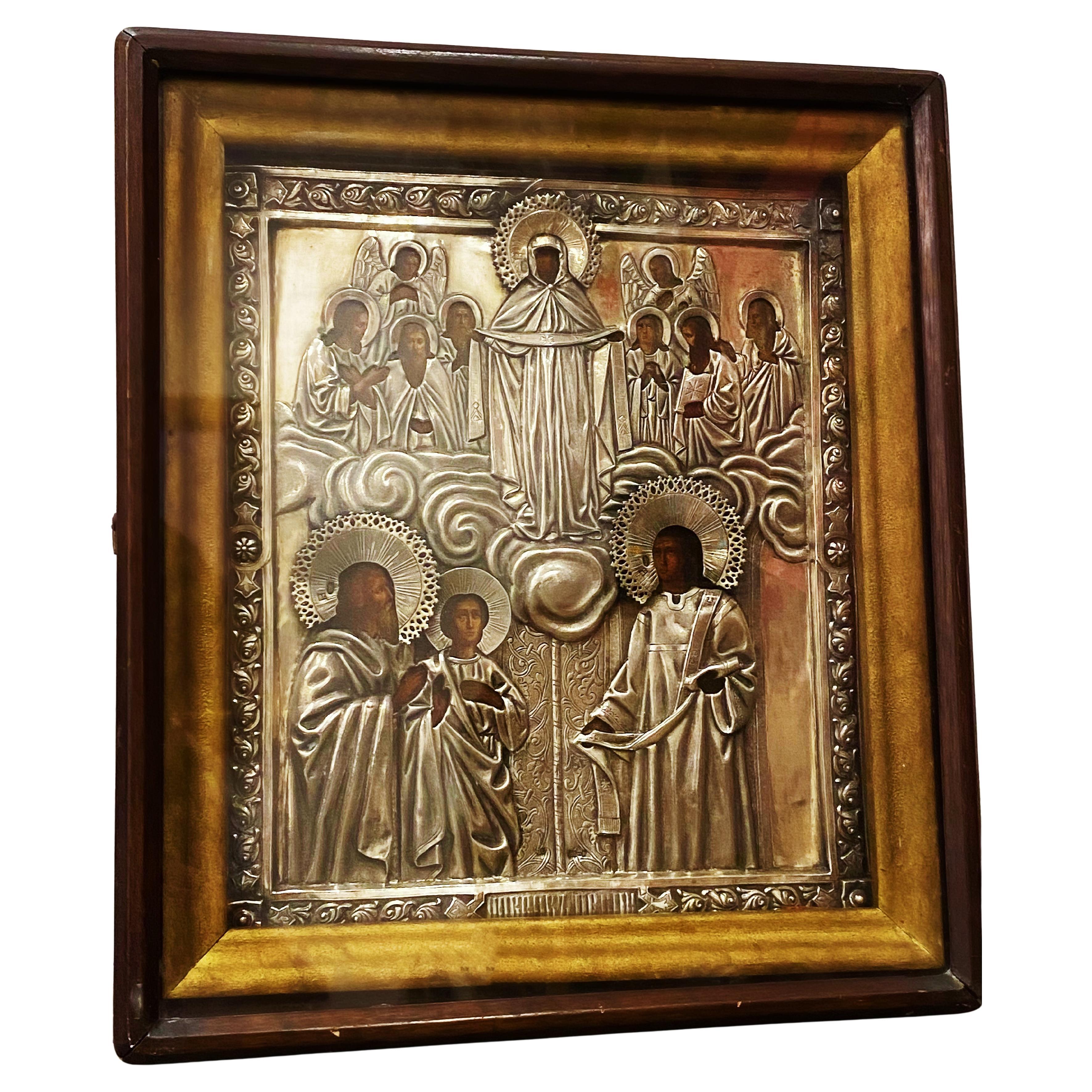 XIXc Icono ruso de plata "Pokrov" de la Madre de Dios de Vasili Semenov (a.C.) Moscú