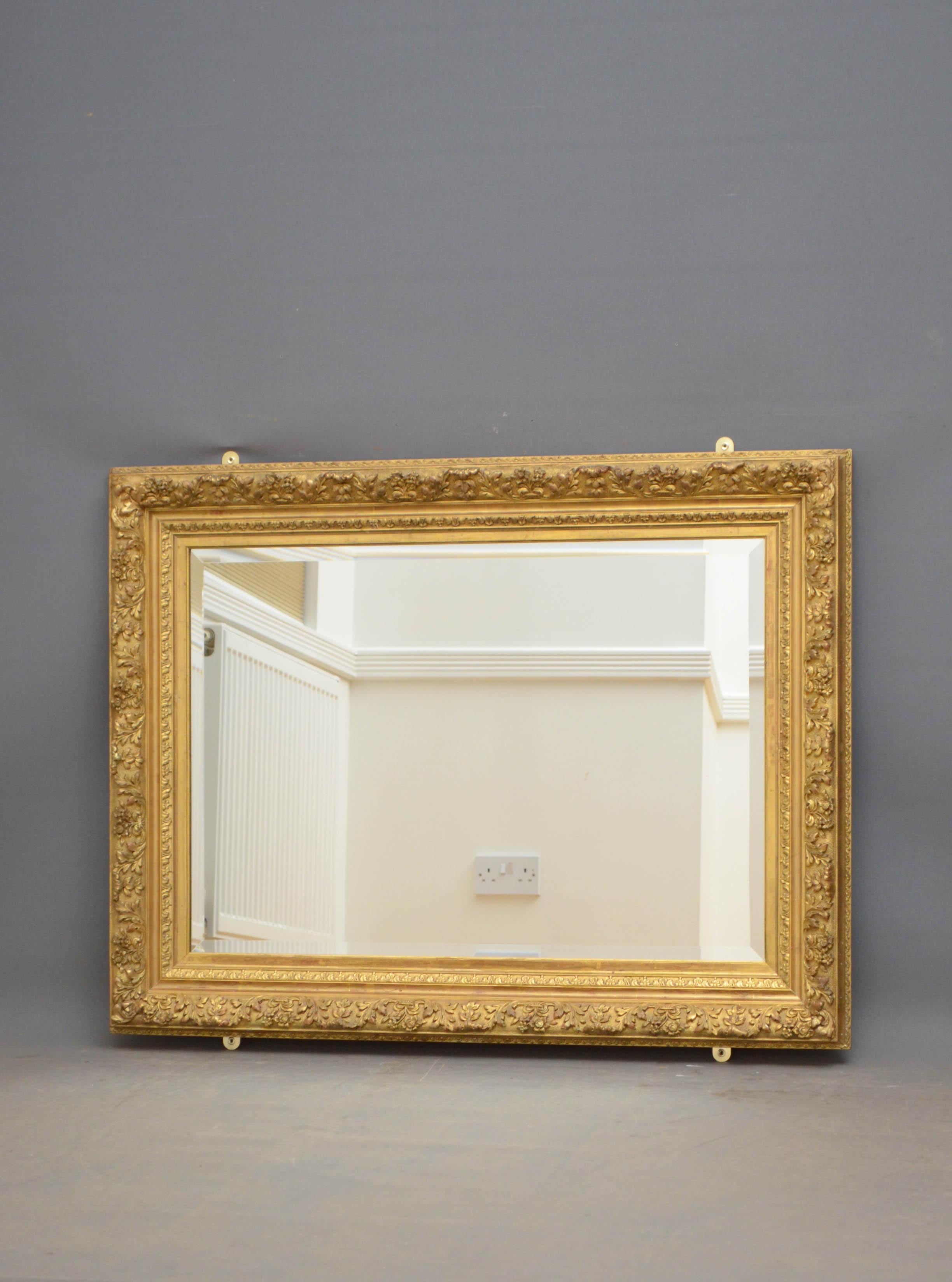 Sn4844 Superb antique gilded wall mirror, having bevelled edge glass in beautifully carved frame with acanthus leaf and floral motifs. This antique wall mirror retains its original gilt and replacement backboards, all in wonderful home ready