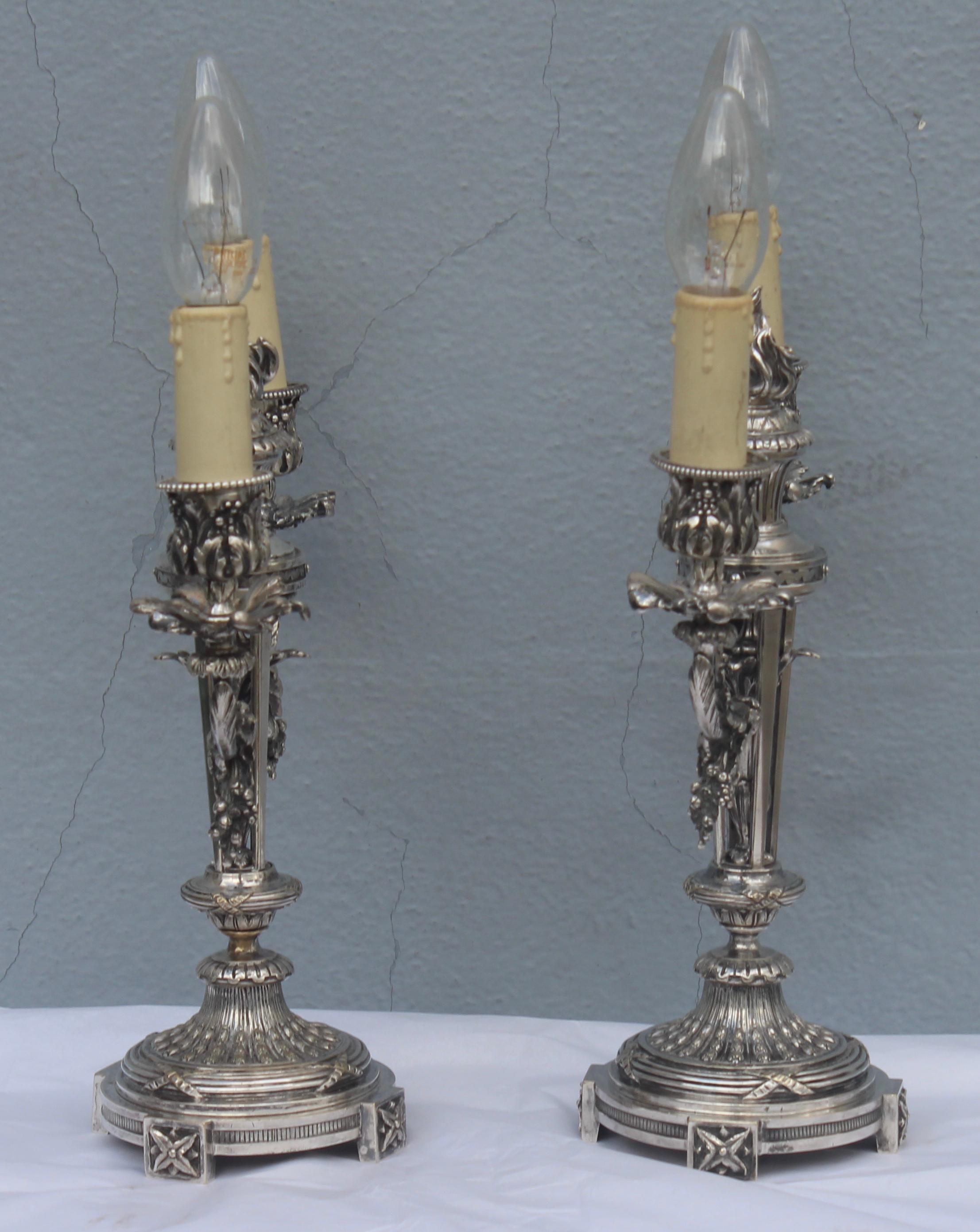 19th Century Pair of Louis XVI Style Silvered Bronze Candelabras, circa 1880 In Good Condition In Saint-Ouen, FR