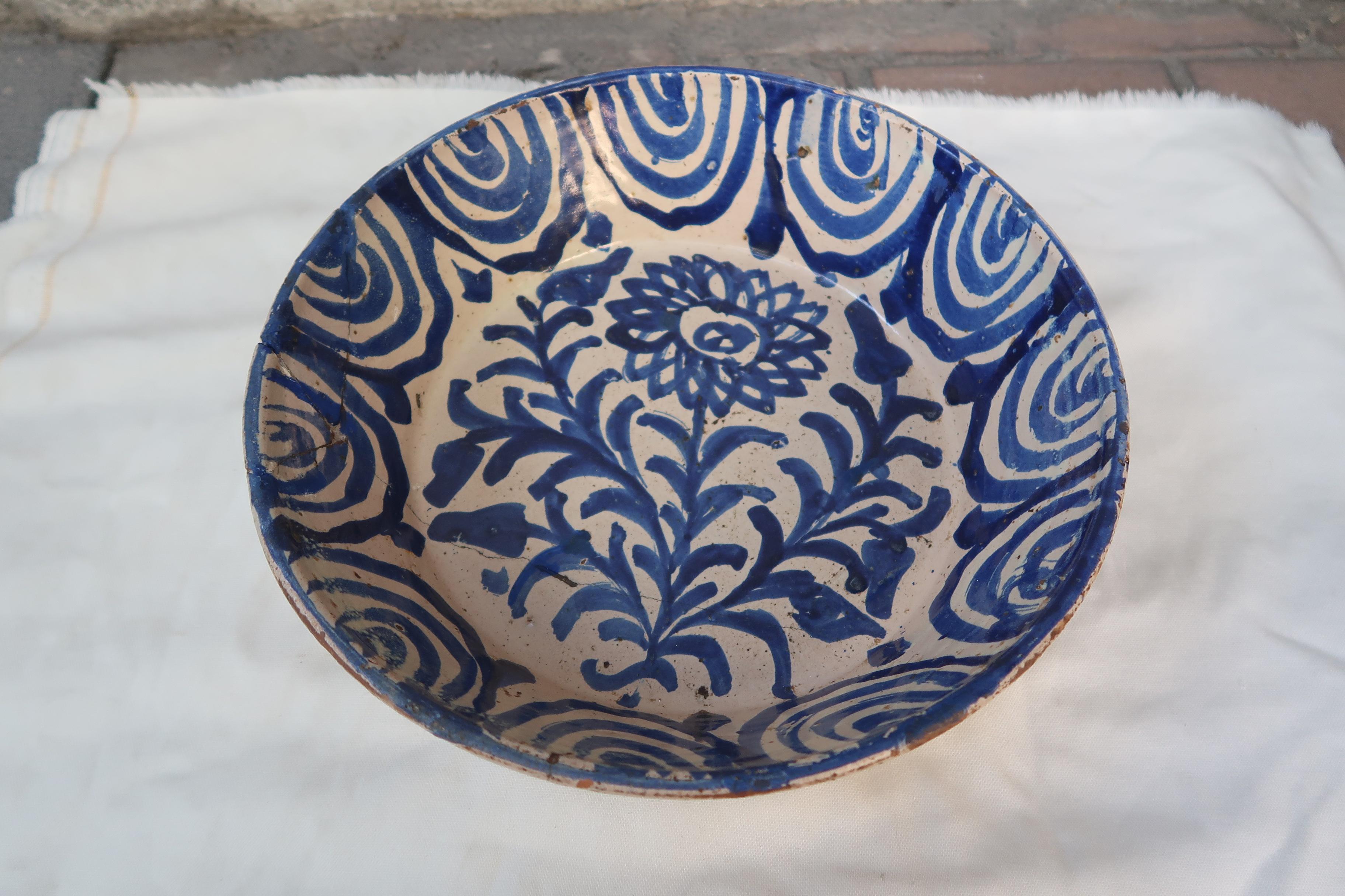 Ceramic 19th Century Spanish Blue and White Glazed Terracotta Lebrillo, Granada For Sale