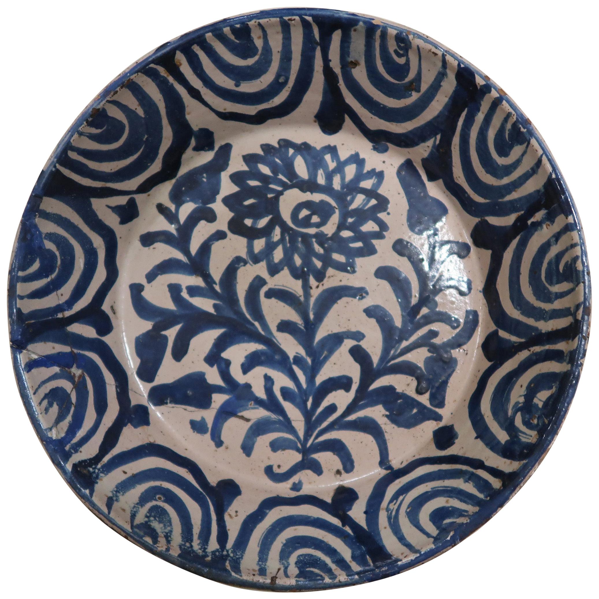 19th Century Spanish Blue and White Glazed Terracotta Lebrillo, Granada For Sale