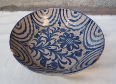 19th Century Spanish Blue and White Glazed Terracotta Lebrillo, Granada, Spain