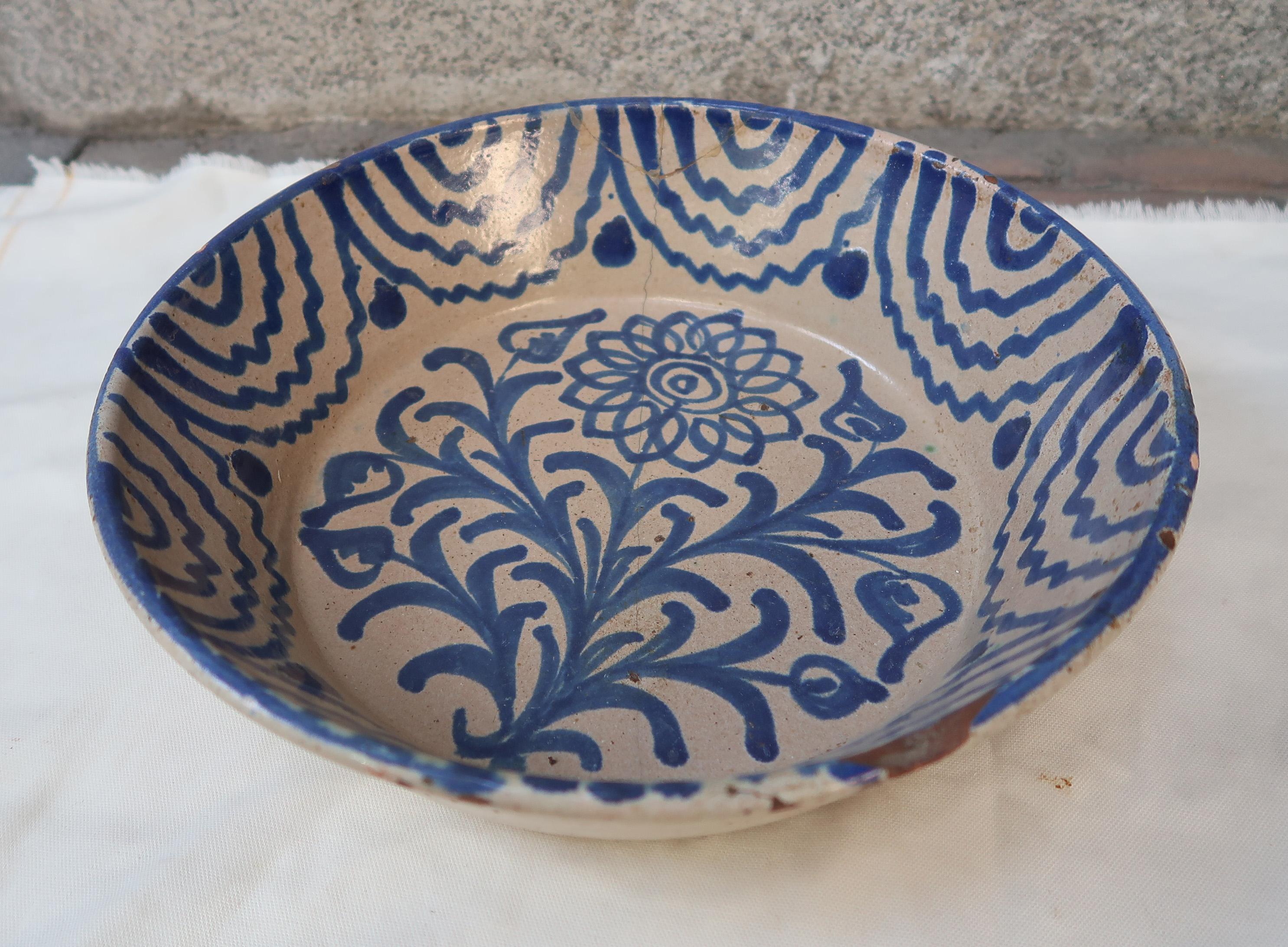 19th century Spanish blue and white glazed terracotta Lebrillo, Granada, Spain.