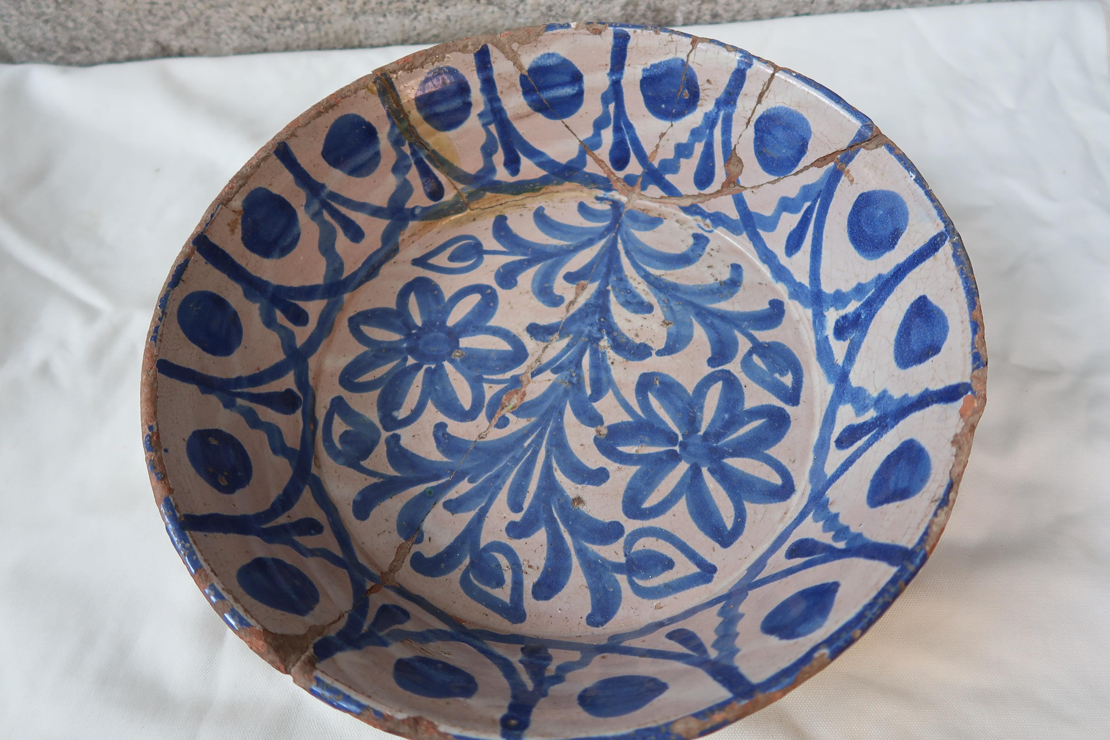 Ceramic 19th Century Spanish Blue and White Glazed Terracotta Lebrillo, Granada, Spain For Sale
