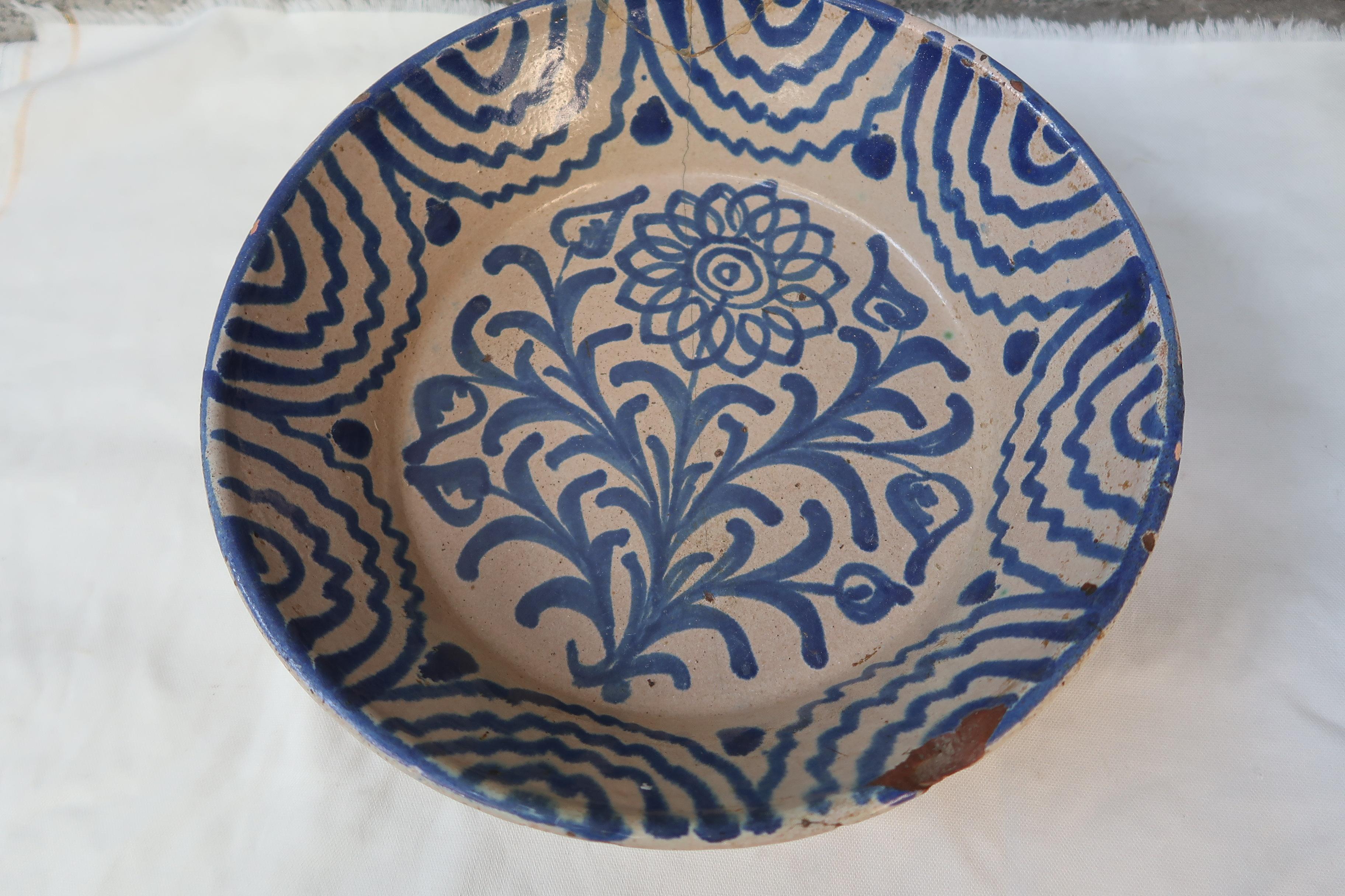 Ceramic 19th Century Spanish Blue and White Glazed Terracotta Lebrillo, Granada, Spain For Sale