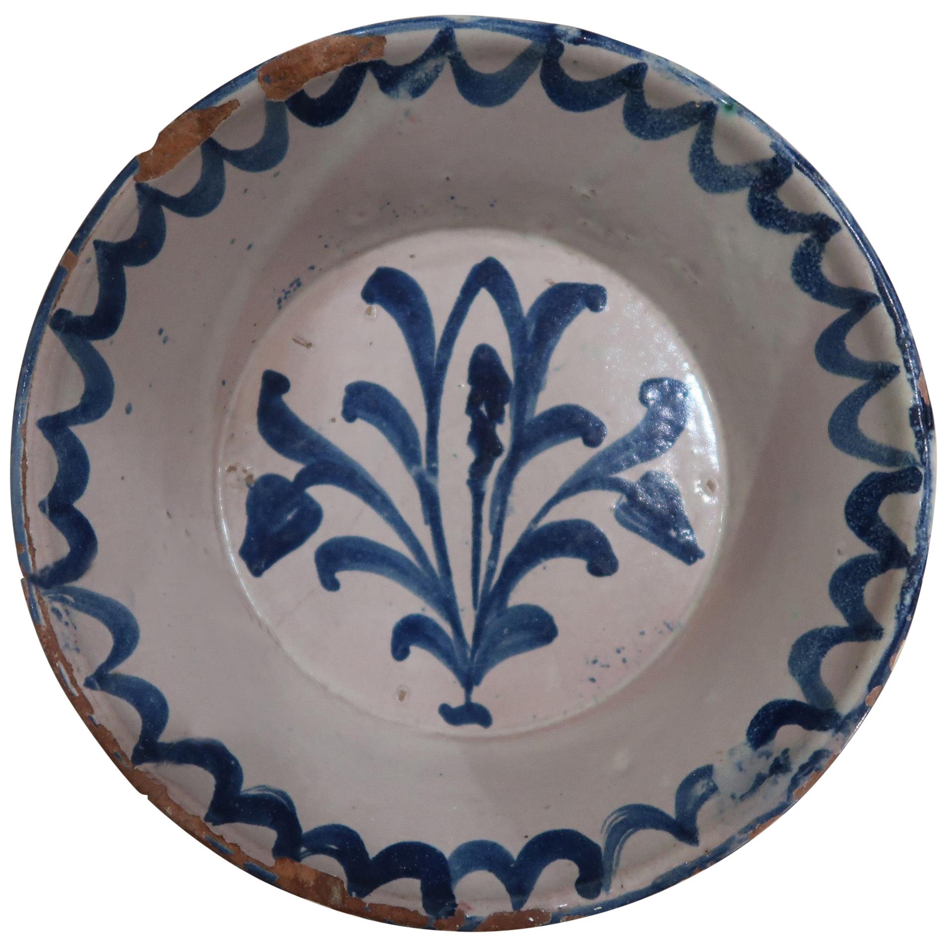 19th Century Spanish Blue and White Glazed Terracotta Lebrillo, Granada, Spain For Sale