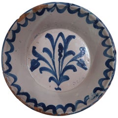 19th Century Spanish Blue and White Glazed Terracotta Lebrillo, Granada, Spain