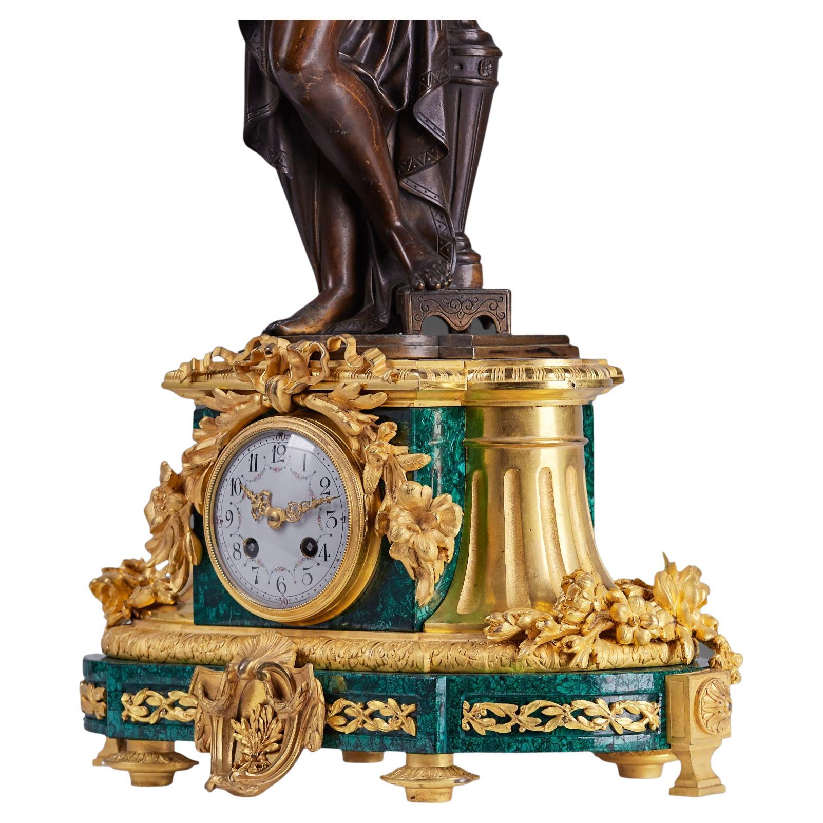 Xixth Louis XVI Stil Schreibtisch Uhr mit Malachit Intarsien im Angebot 2