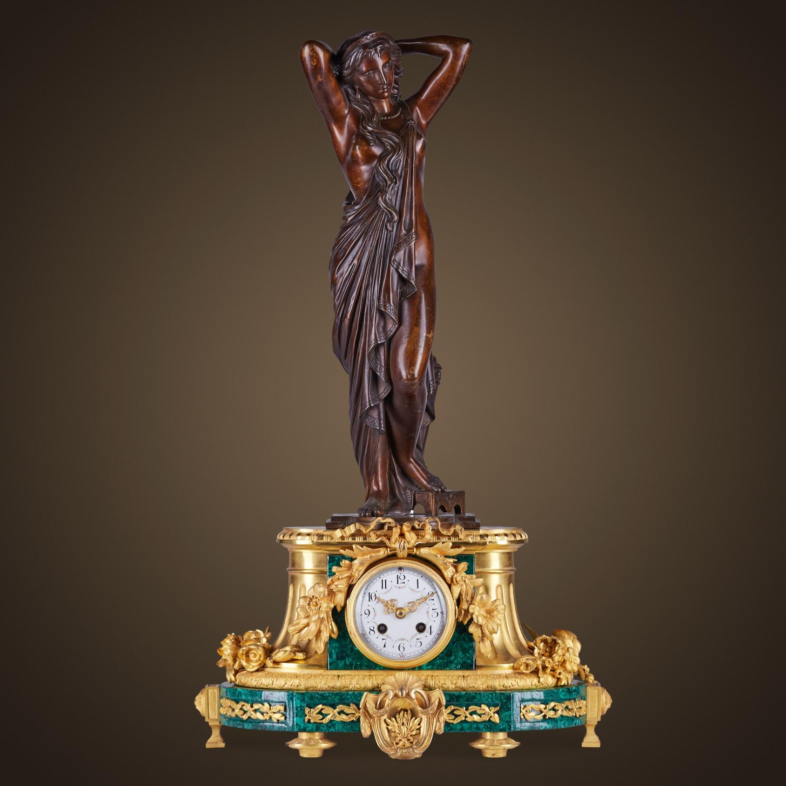 Xixth Louis XVI Stil Schreibtisch Uhr mit Malachit Intarsien im Angebot 10