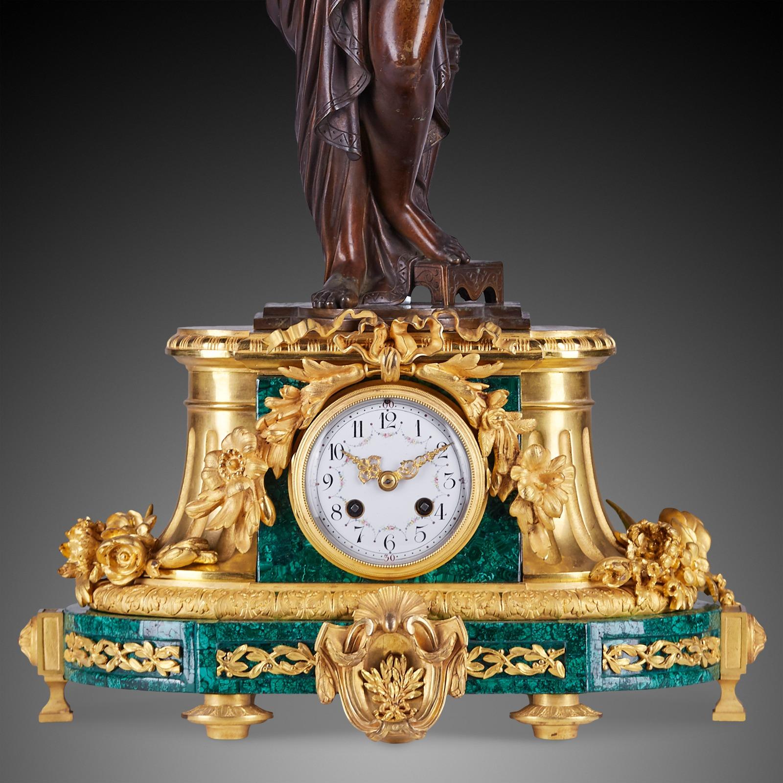French Xixth Louis XVI Style Desk Clock Inlaid with Malachite For Sale