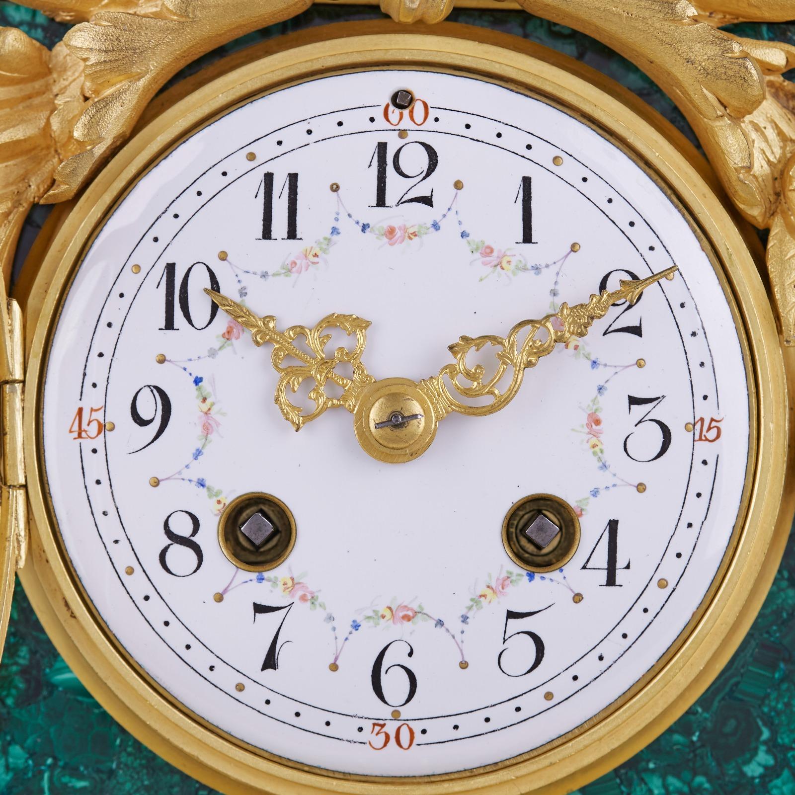 Gilt Xixth Louis XVI Style Desk Clock Inlaid with Malachite For Sale